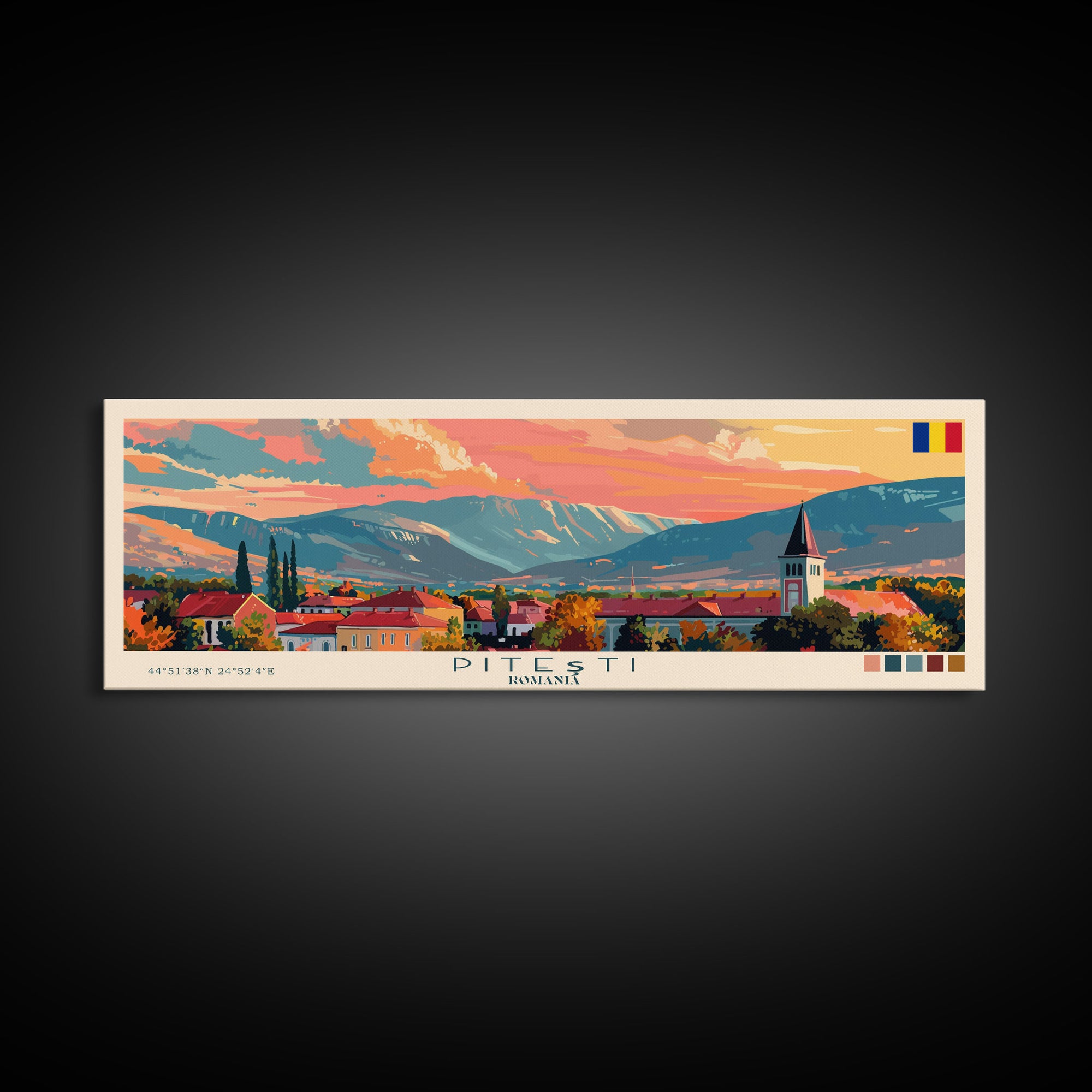 Piteti Romania Panoramic Travel Poster, Framed Canvas Print or Metal Wall Art, Travel Art, Home Decor, Panoramic Painting, Midcentury Art