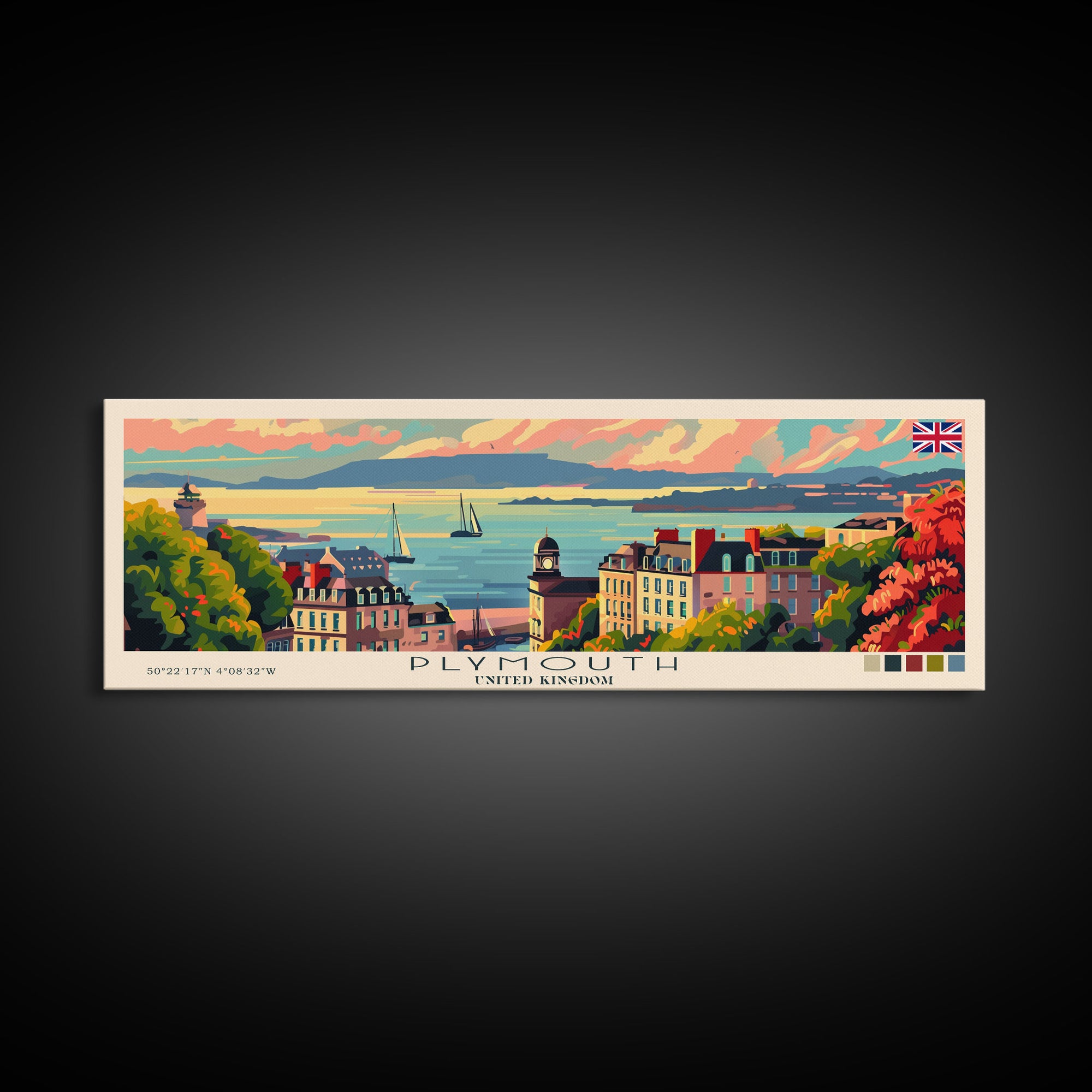 Plymouth United Kingdom Panoramic Travel Poster, Framed Canvas Print or Metal Wall Art, Travel Art, Home Decor, Panoramic Painting, Midcentury Art