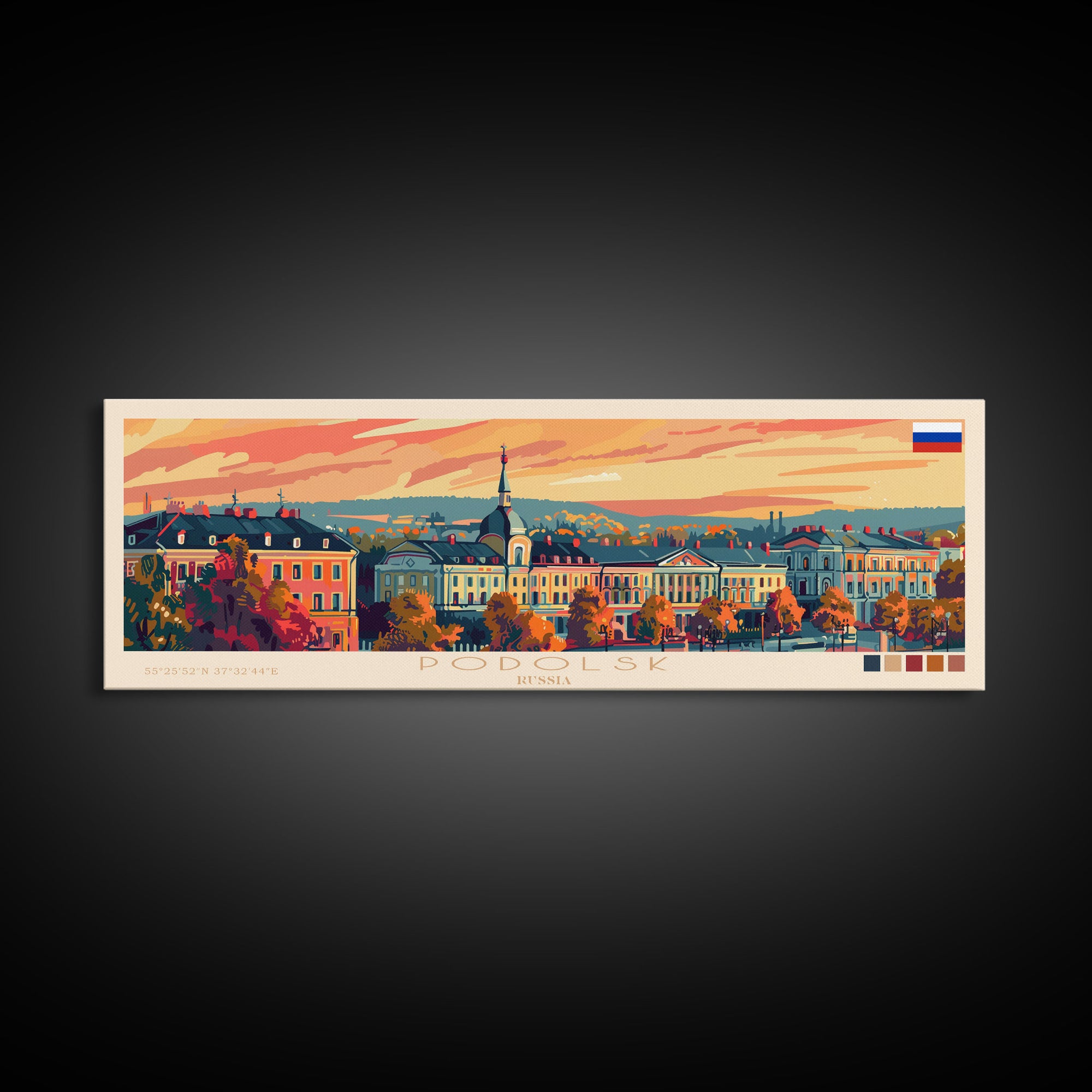 Podolsk Russia Panoramic Travel Poster, Framed Canvas Print or Metal Wall Art, Travel Art, Home Decor, Panoramic Painting, Midcentury Art