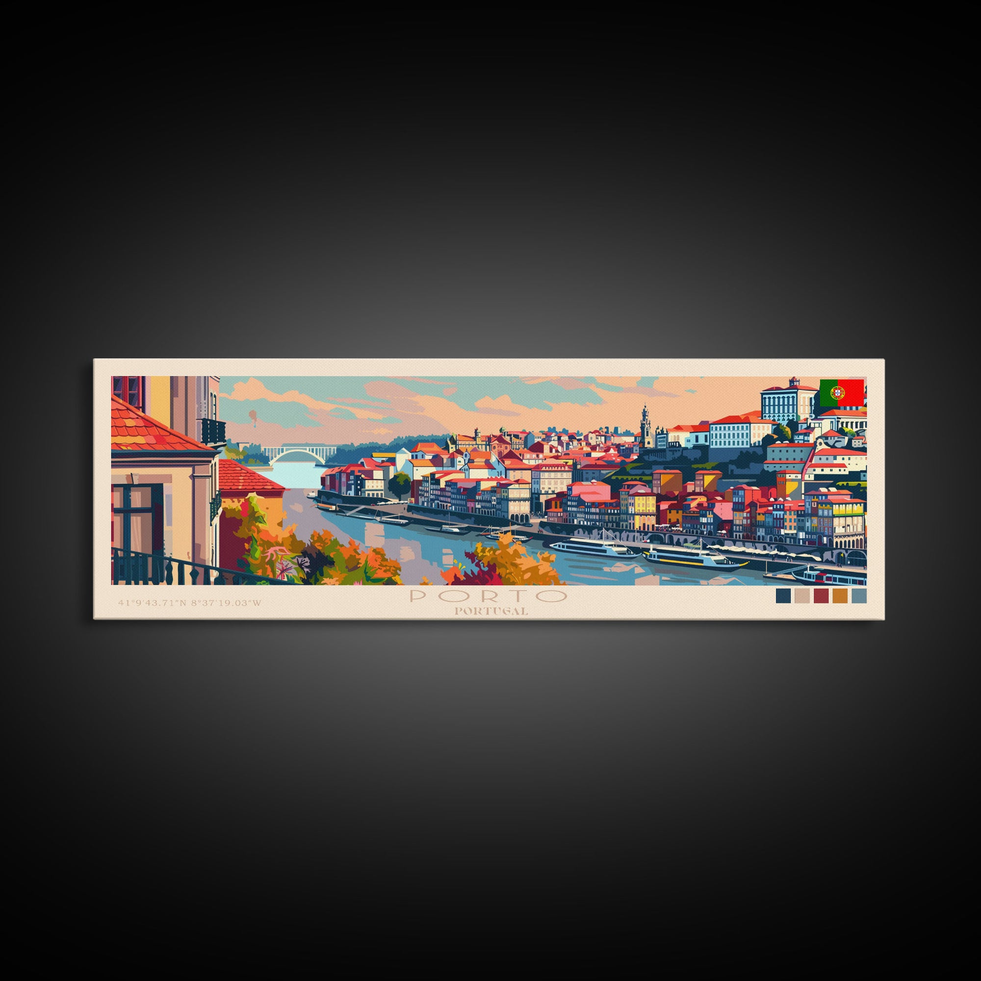 Porto Portugal Panoramic Travel Poster, Framed Canvas Print or Metal Wall Art, Travel Art, Home Decor, Panoramic Painting, Midcentury Art