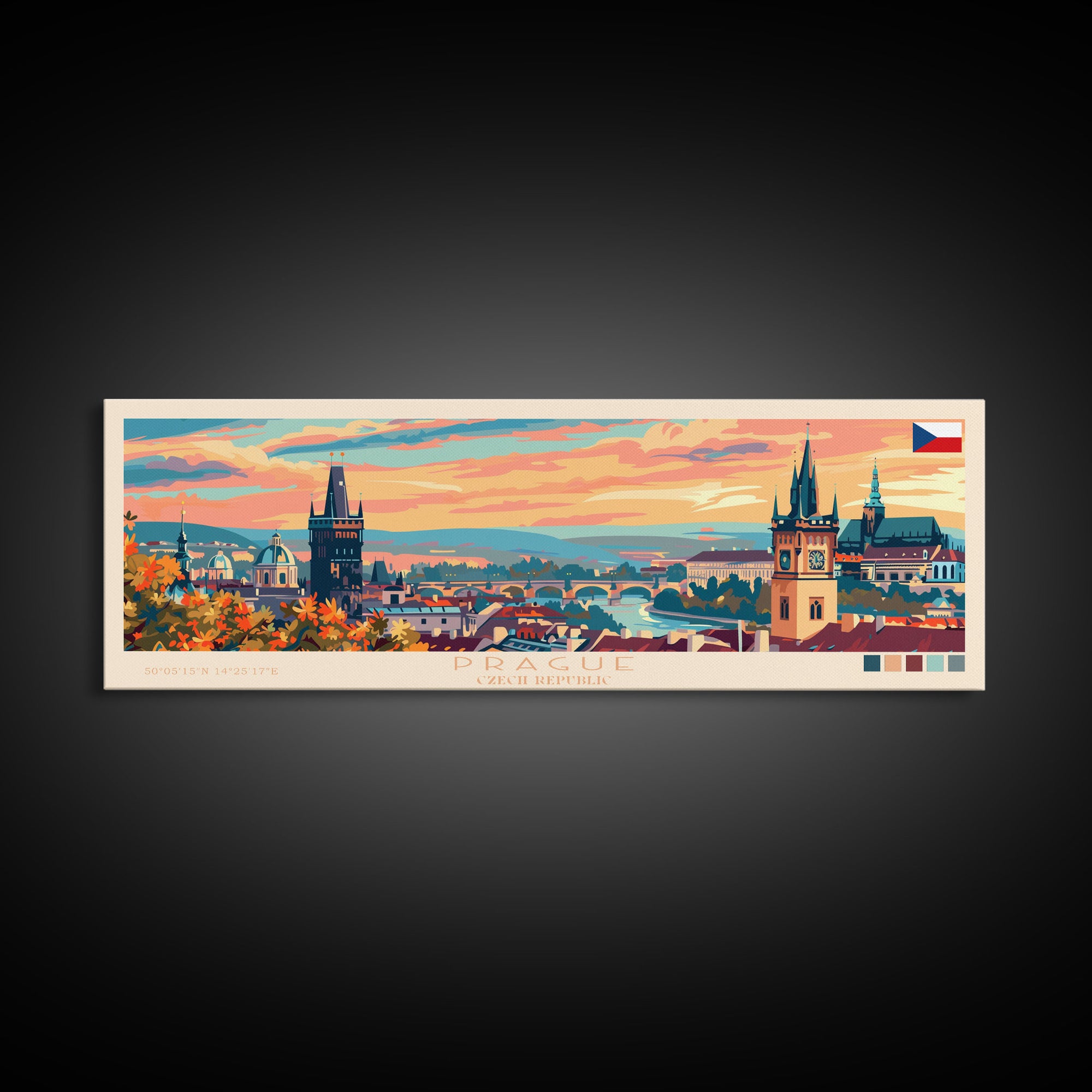 Prague Czech Republic Travel Art, City Art, Framed Canvas Print or Metal Wall Art, Europe Travel Poster, Panoramic Wall Art, Extra Wide Wall Art