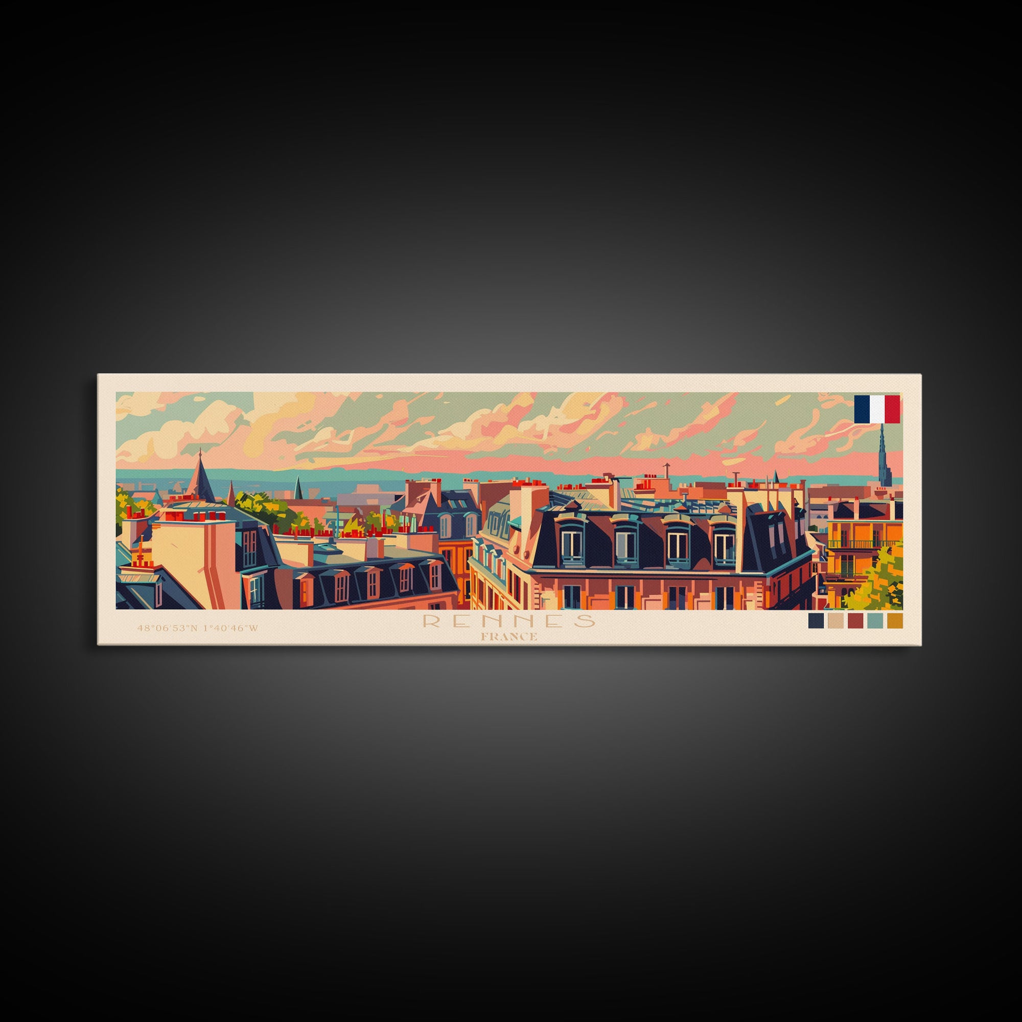 Rennes France Panoramic Travel Poster, Framed Canvas Print or Metal Wall Art, Travel Art, Home Decor, Panoramic Painting, Midcentury Art