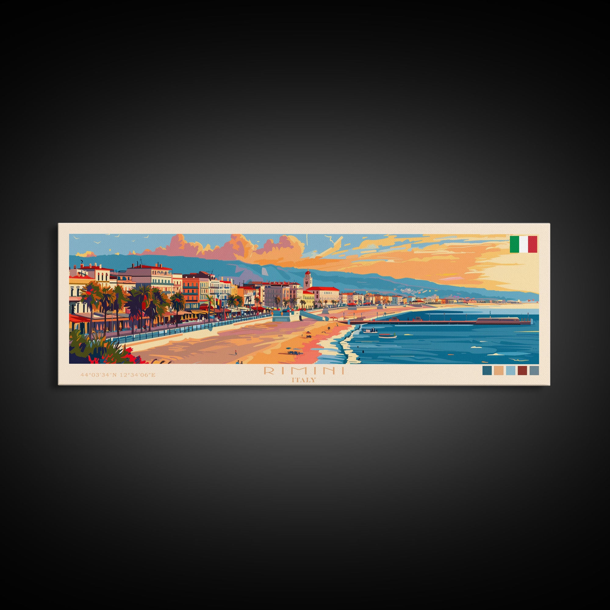 Rimini Italy Travel Art, City Art, Framed Canvas Print or Metal Wall Art, Europe Travel Poster, Panoramic Wall Art, Extra Wide Wall Art