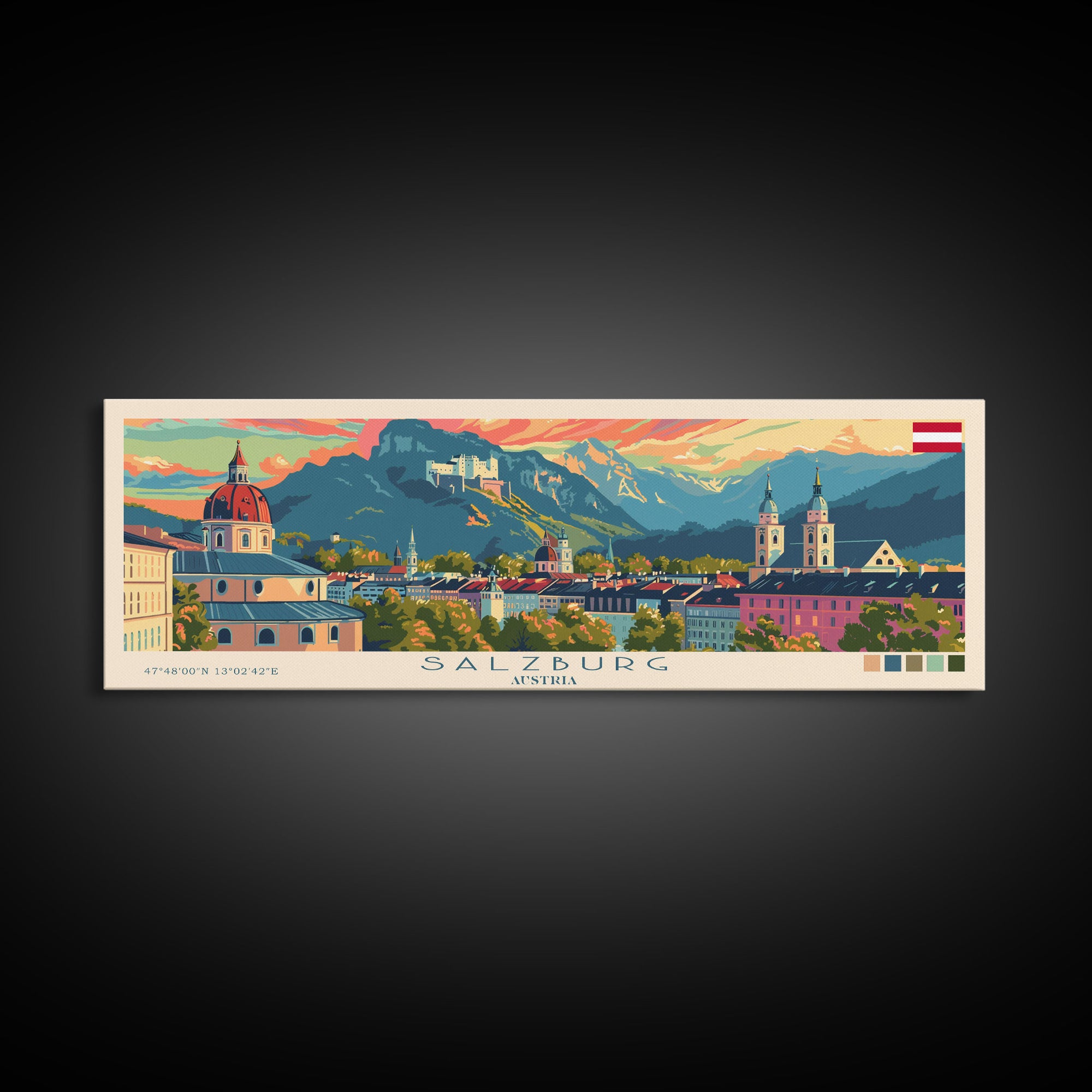 Salzburg Austria Panoramic Travel Poster, Framed Canvas Print or Metal Wall Art, Travel Art, Home Decor, Panoramic Painting, Midcentury Art