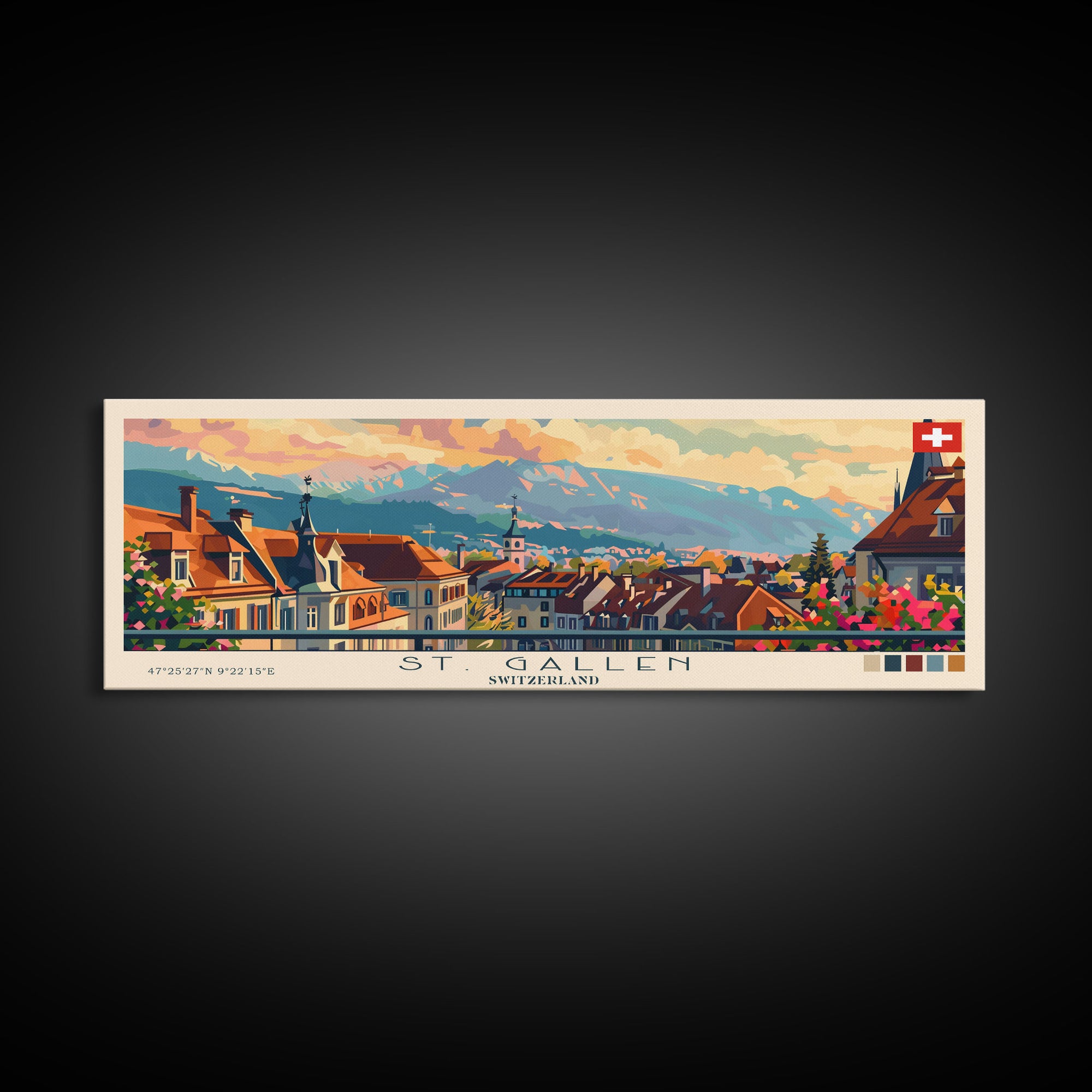 St. Gallen Switzerland Panoramic Travel Poster, Framed Canvas Print or Metal Wall Art, Travel Art, Home Decor, Panoramic Painting, Midcentury Art