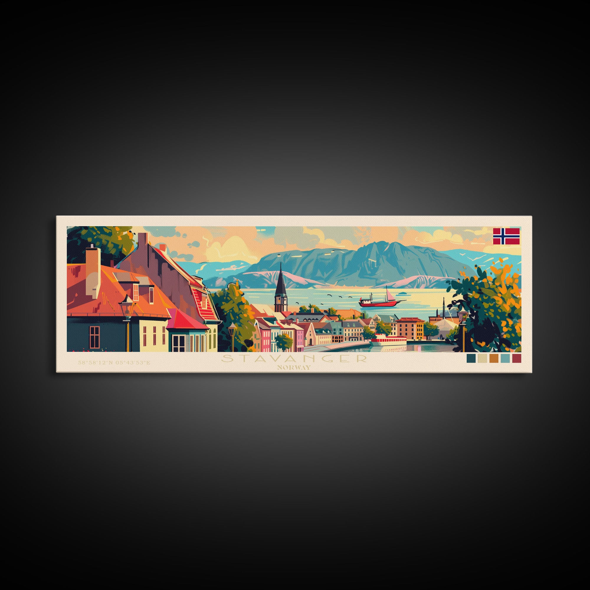 Stavanger Norway Travel Art, City Art, Framed Canvas Print or Metal Wall Art, Europe Travel Poster, Panoramic Wall Art, Extra Wide Wall Art