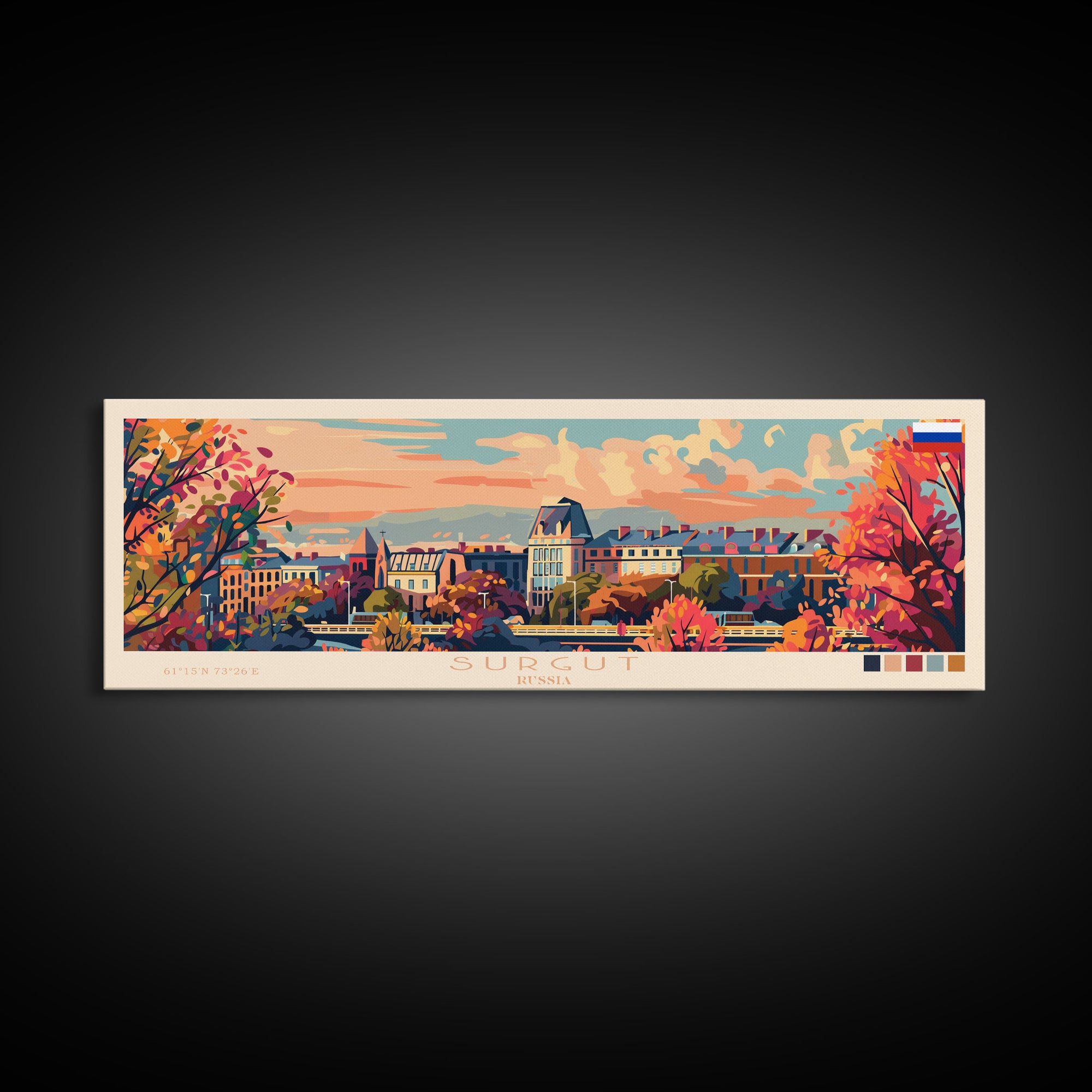 Surgut Russia Panoramic Travel Poster, Framed Canvas Print or Metal Wall Art, Travel Art, Home Decor, Panoramic Painting, Midcentury Art