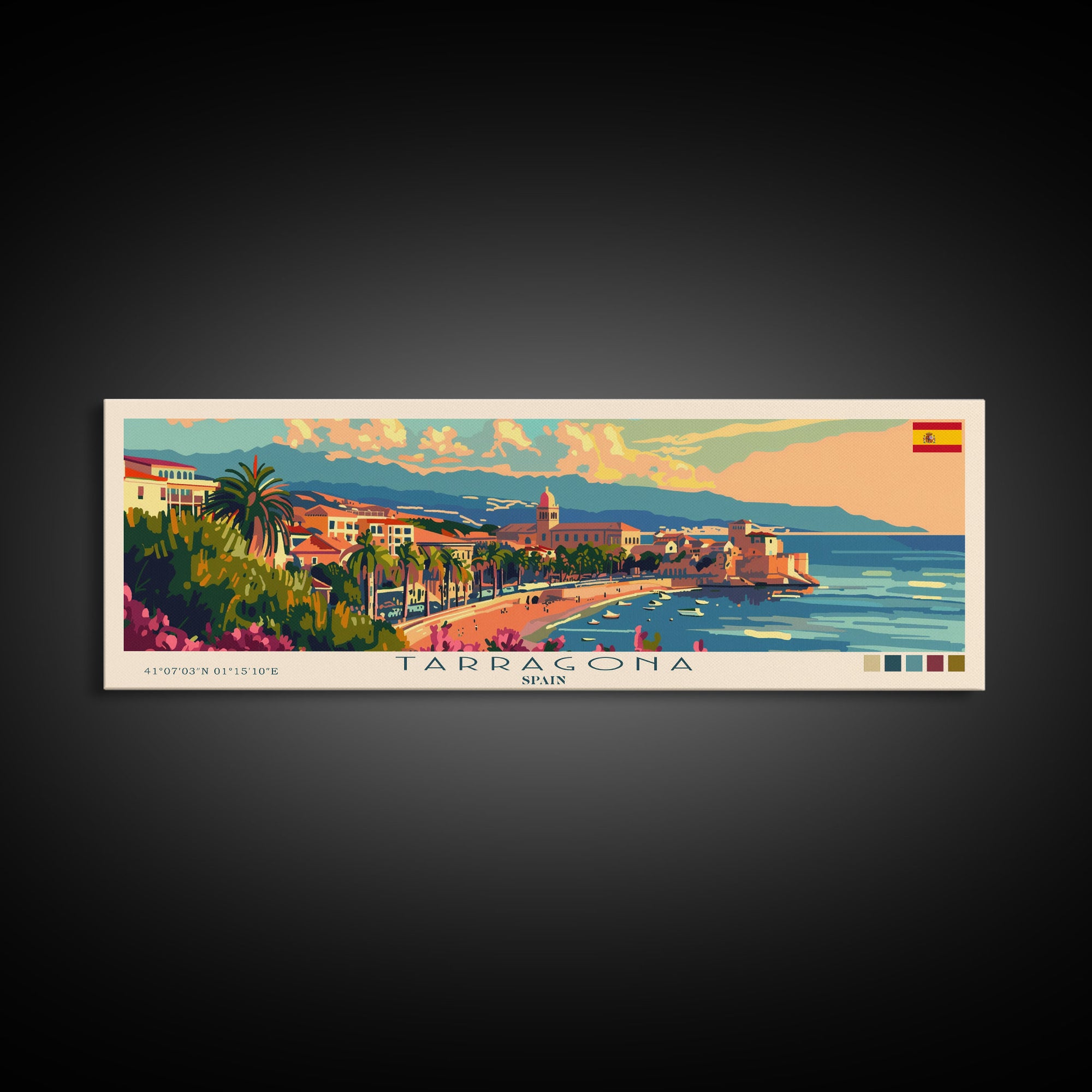 Tarragona Spain Panoramic Travel Poster, Framed Canvas Print or Metal Wall Art, Travel Art, Home Decor, Panoramic Painting, Midcentury Art