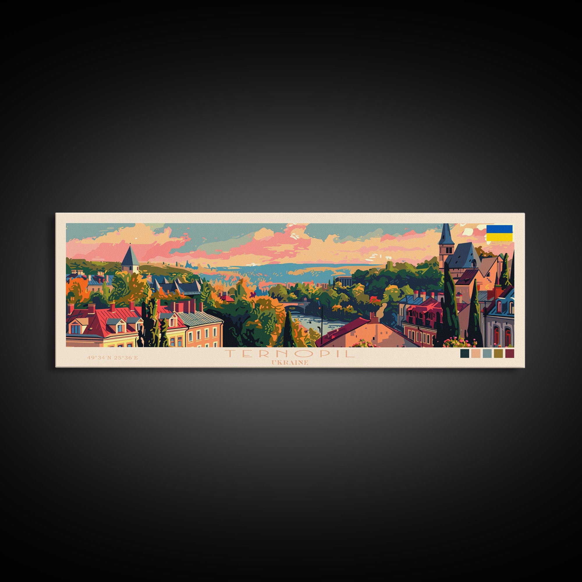 Ternopil Ukraine Panoramic Travel Poster, Framed Canvas Print or Metal Wall Art, Travel Art, Home Decor, Panoramic Painting, Midcentury Art