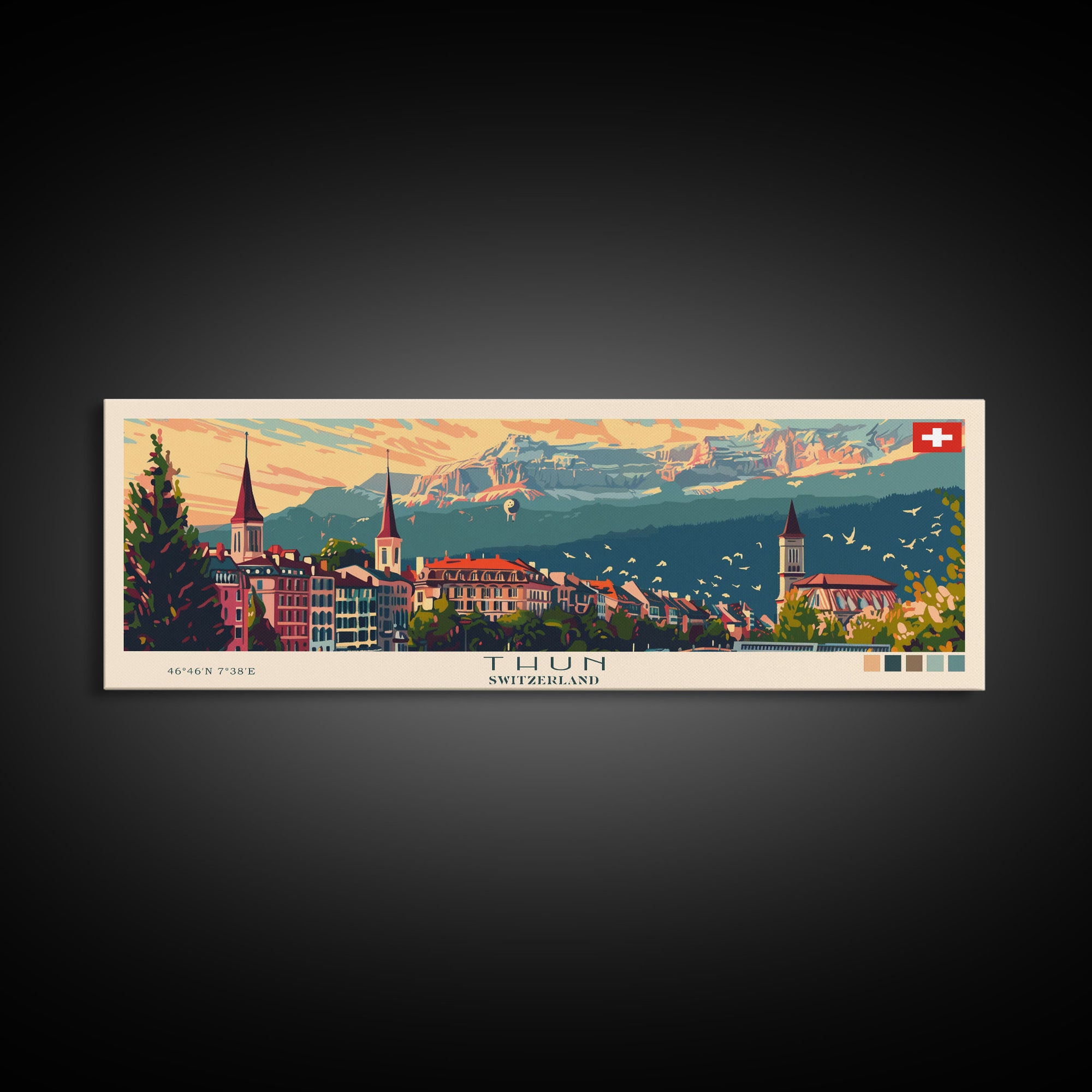 Thun Switzerland Panoramic Travel Poster, Framed Canvas Print or Metal Wall Art, Travel Art, Home Decor, Panoramic Painting, Midcentury Art