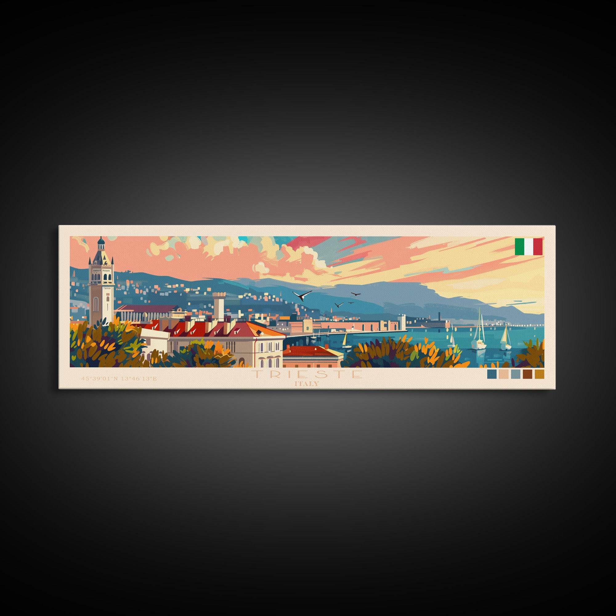 Trieste Italy Panoramic Travel Poster, Framed Canvas Print or Metal Wall Art, Travel Art, Home Decor, Panoramic Painting, Midcentury Art