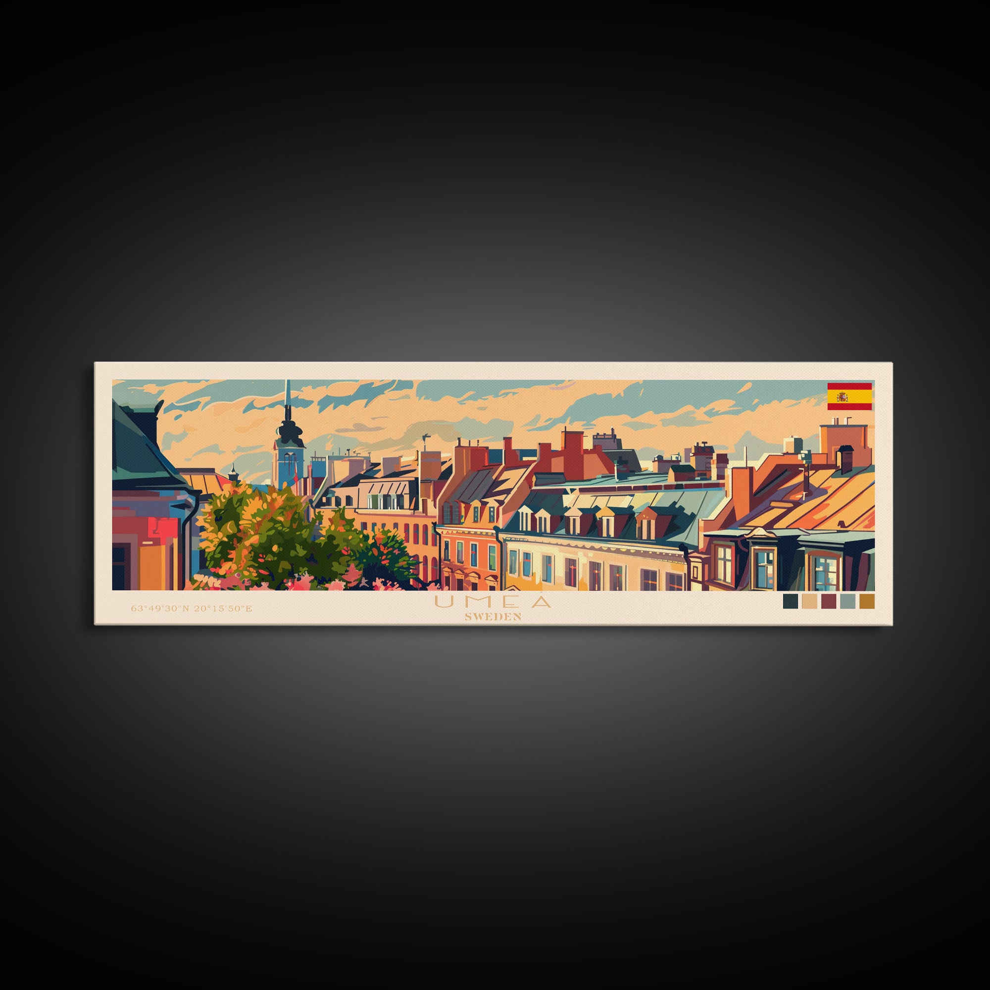 Ume Sweden Panoramic Travel Poster, Framed Canvas Print or Metal Wall Art, Travel Art, Home Decor, Panoramic Painting, Midcentury Art