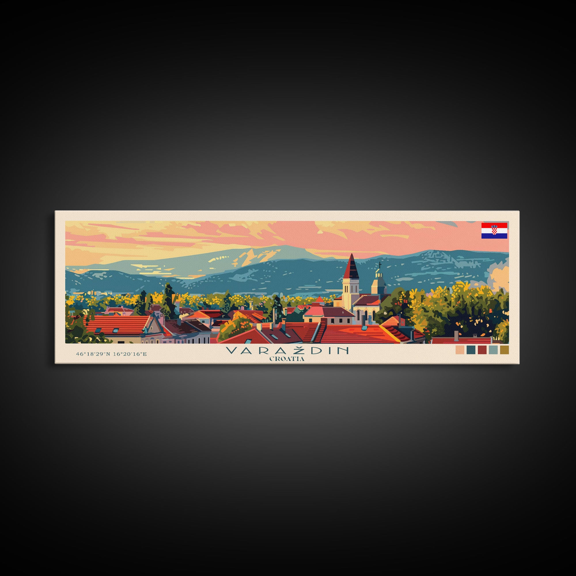 Varaždin Croatia Panoramic Travel Poster, Framed Canvas Print or Metal Wall Art, Travel Art, Home Decor, Panoramic Painting, Midcentury Art