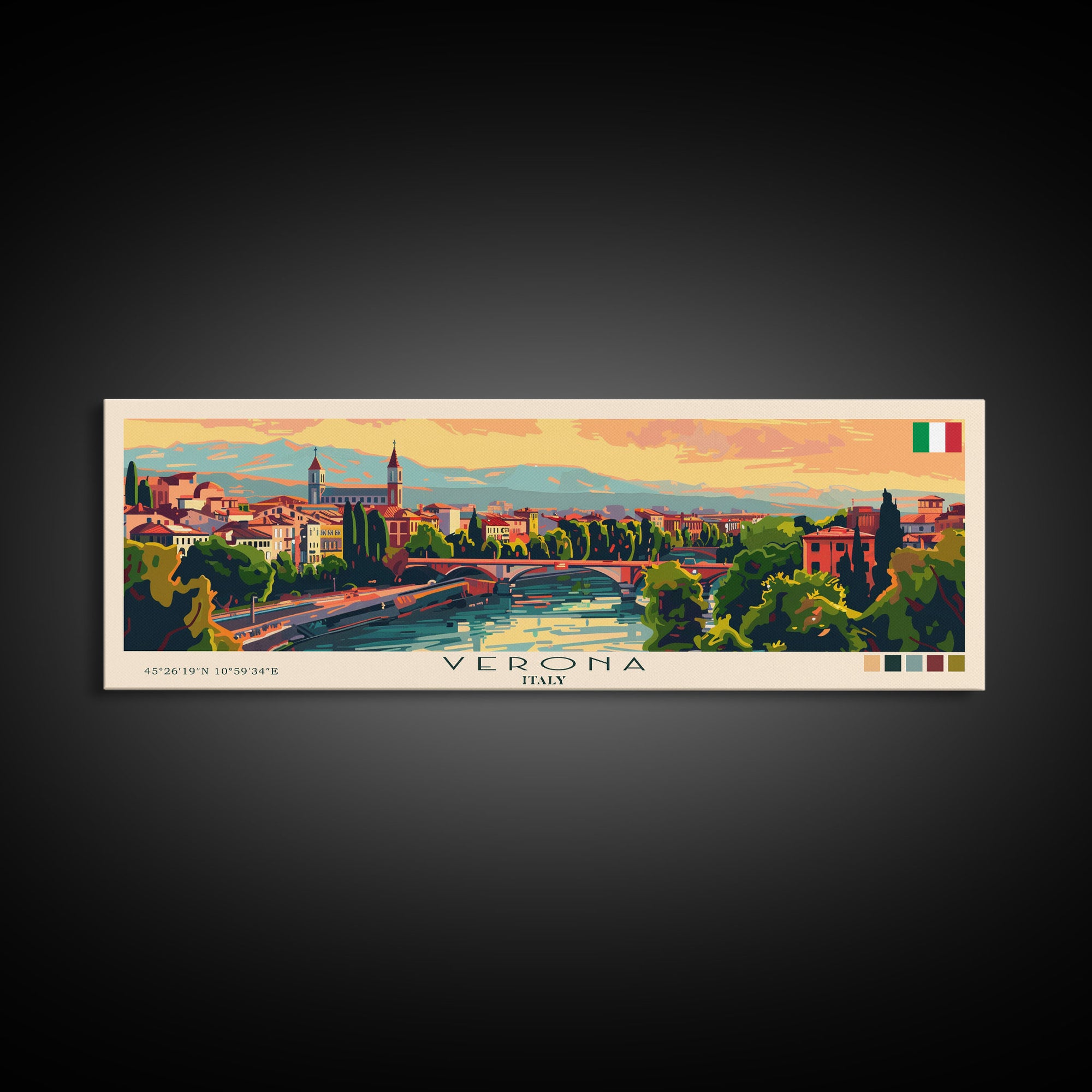 Verona Italy Travel Art, City Art, Framed Canvas Print or Metal Wall Art, Europe Travel Poster, Panoramic Wall Art, Extra Wide Wall Art