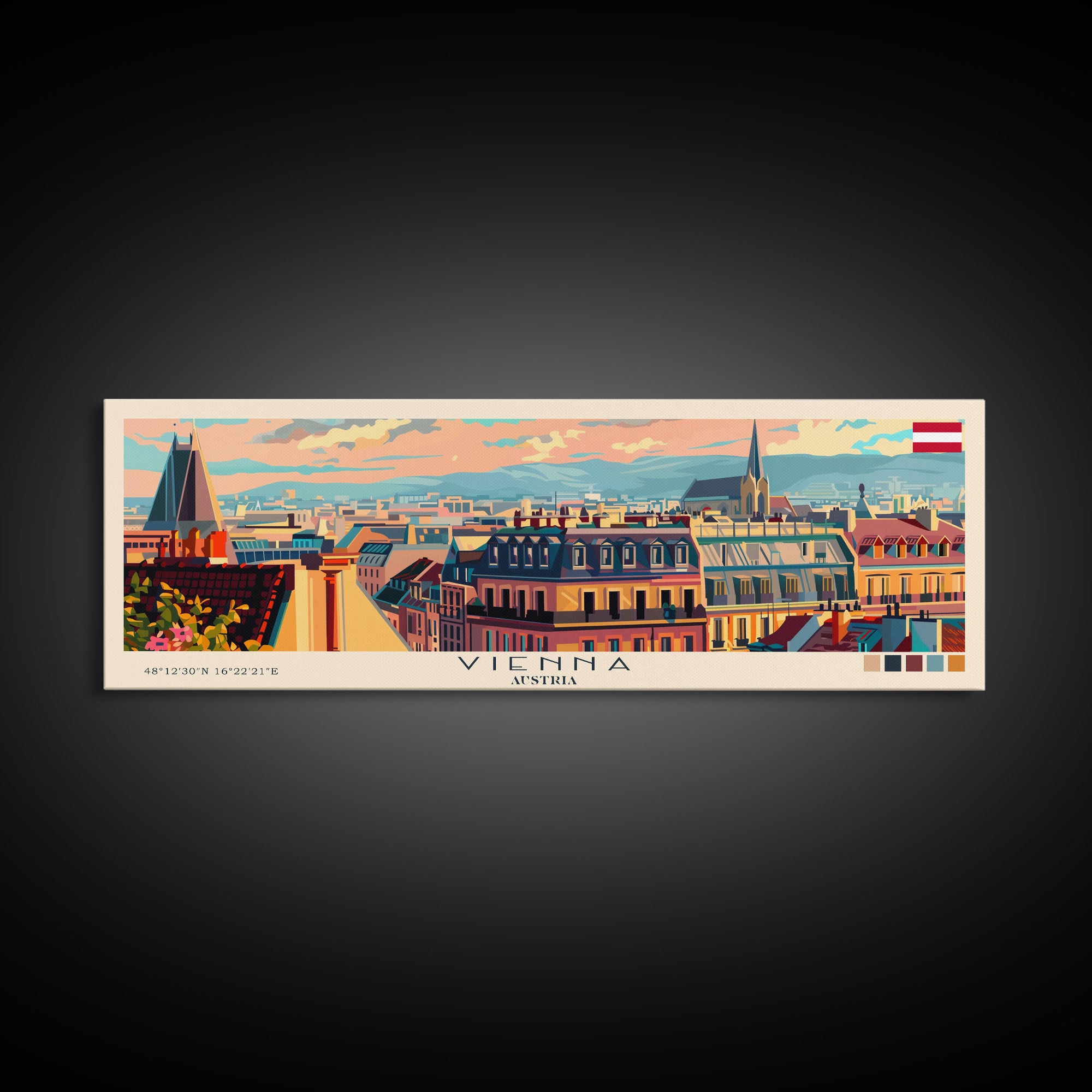 Vienna Austria Panoramic Travel Poster, Framed Canvas Print or Metal Wall Art, Travel Art, Home Decor, Panoramic Painting, Midcentury Art