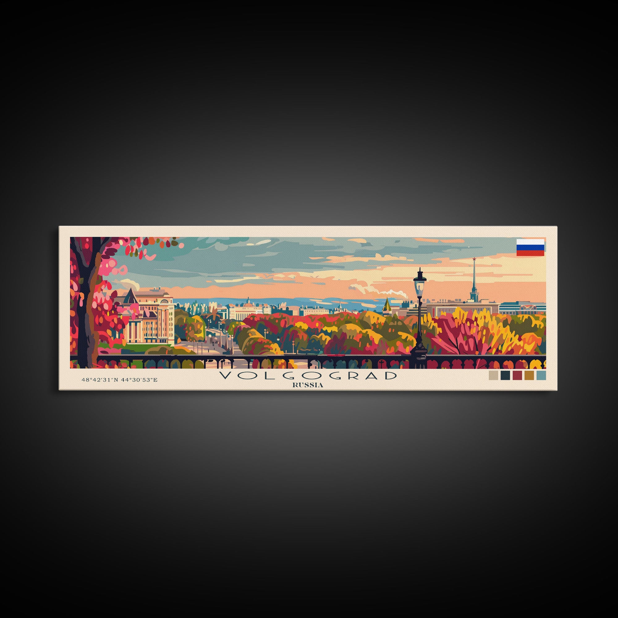 Volgograd Russia Panoramic Travel Poster, Framed Canvas Print or Metal Wall Art, Travel Art, Home Decor, Panoramic Painting, Midcentury Art