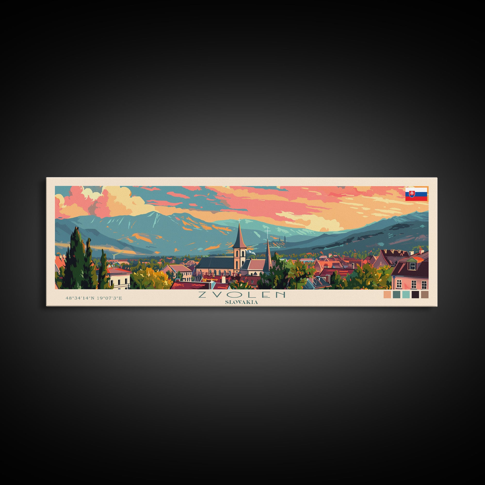 Zvolen Slovakia Panoramic Travel Poster, Framed Canvas Print or Metal Wall Art, Travel Art, Home Decor, Panoramic Painting, Midcentury Art