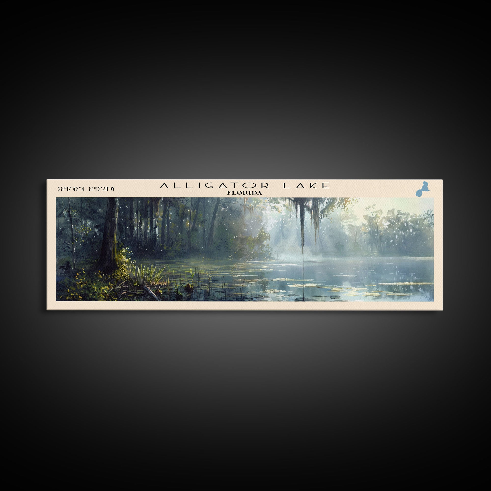 Alligator Lake Florida Panoramic Framed Canvas Print, Lake House Decor, Tropical Landscape, Travel Poster, Wall Art, Scenic Painting