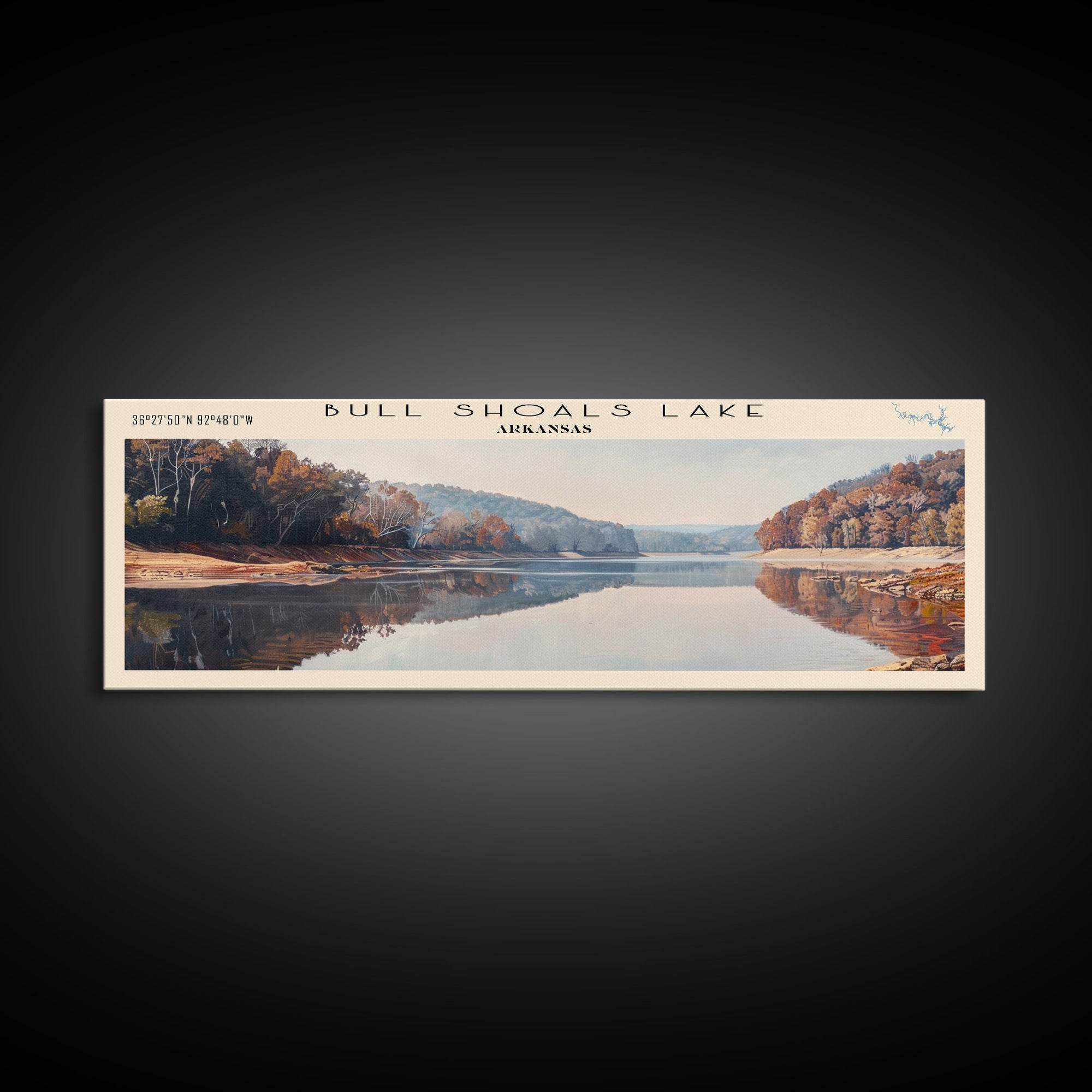 Bull Shoals Lake Arkansas Framed Canvas Print, Lake House Art, Panoramic Wall Art, Travel Poster, Rustic Lake Painting, Home Decor