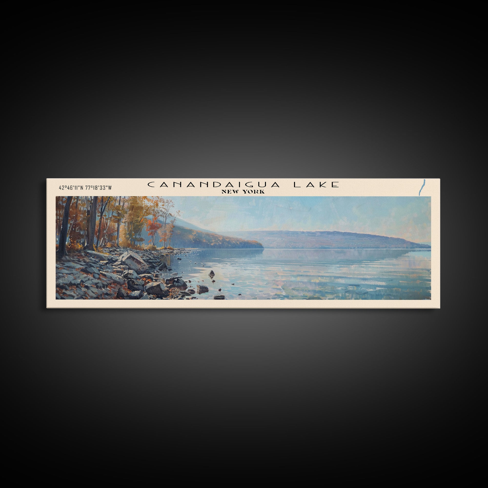 Canandaigua Lake New York Framed Canvas Print, Lake House Art, Panoramic Wall Art, Travel Poster, Modern Lake Painting, Nature Art