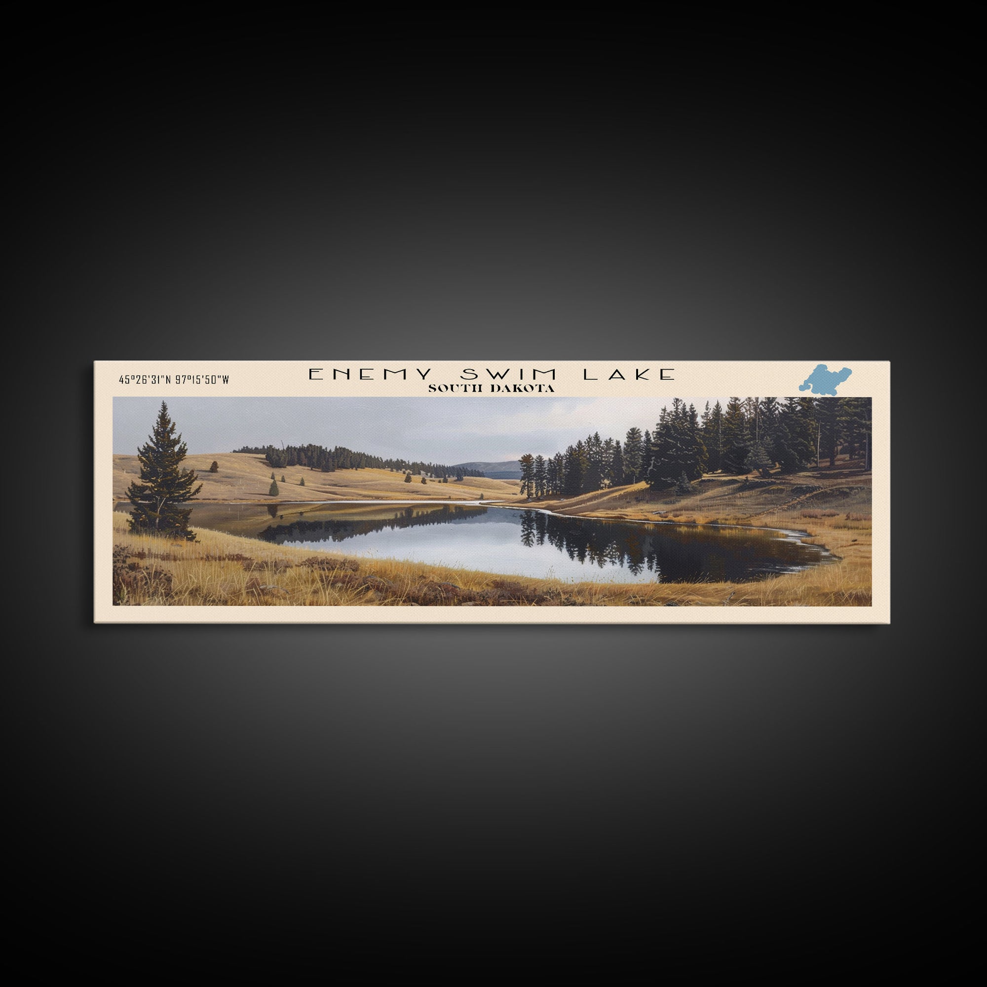 Enemy Swim Lake South Dakota Framed Canvas Print, Lake House Decor, Panoramic Wall Art, Travel Poster, Rustic Lake Painting, Home Decor