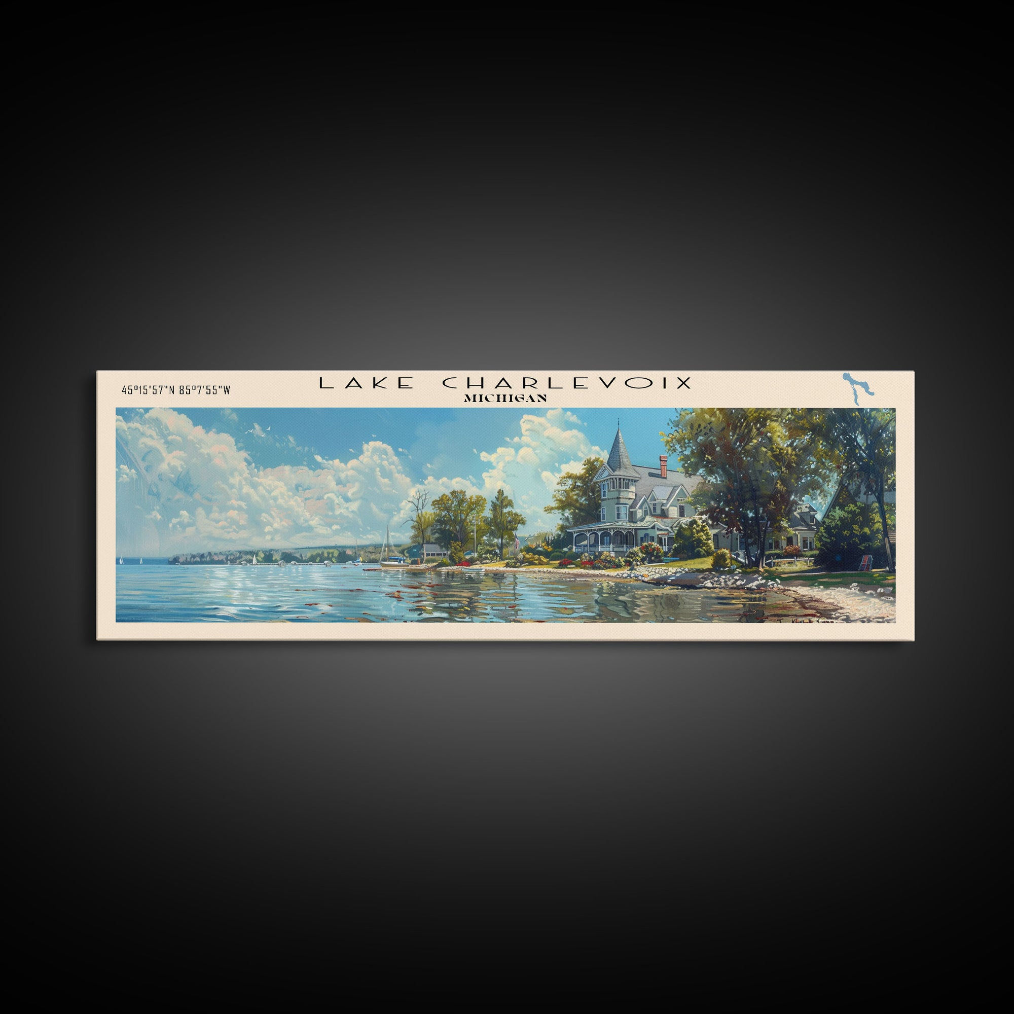 Lake Charlevoix Michigan Framed Canvas Print, Lake House Decor, Panoramic Wall Art, Travel Poster, Stunning Landscape Painting, Home Art