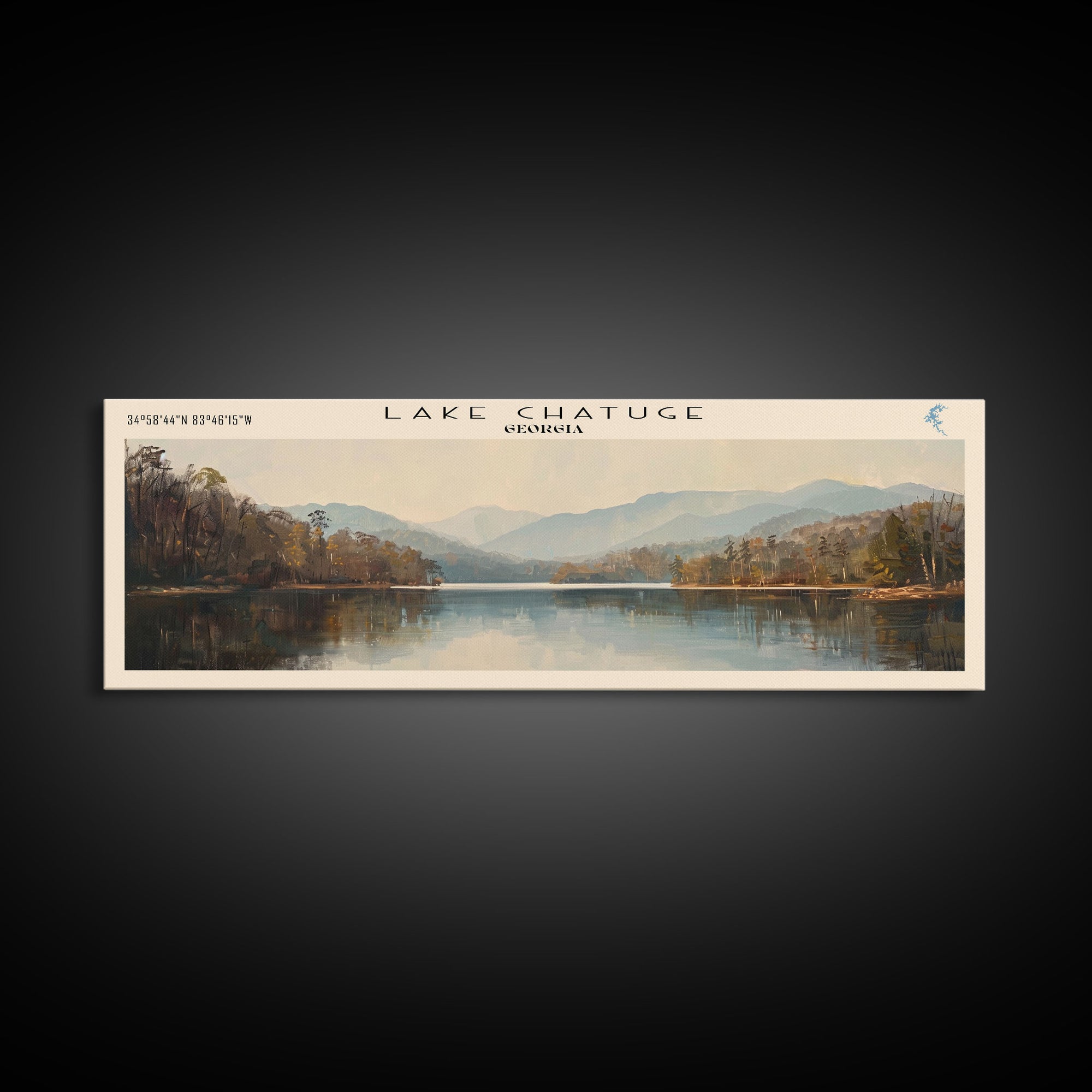 Lake Chatuge Georgia Framed Canvas Print, Lake House Decor, Panoramic Wall Art, Travel Poster, Serene Lake Painting, Nature Art