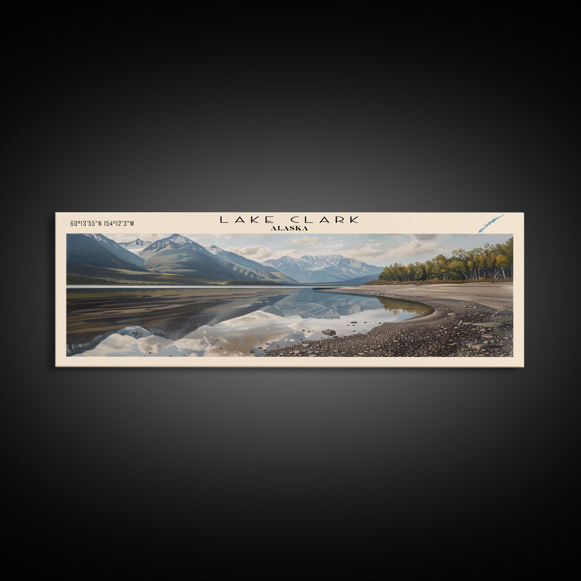 Lake Clark Framed Canvas Print, Lake House Decor, Panoramic Wall Art, Travel Poster, Scenic Lake Painting, Nature Art