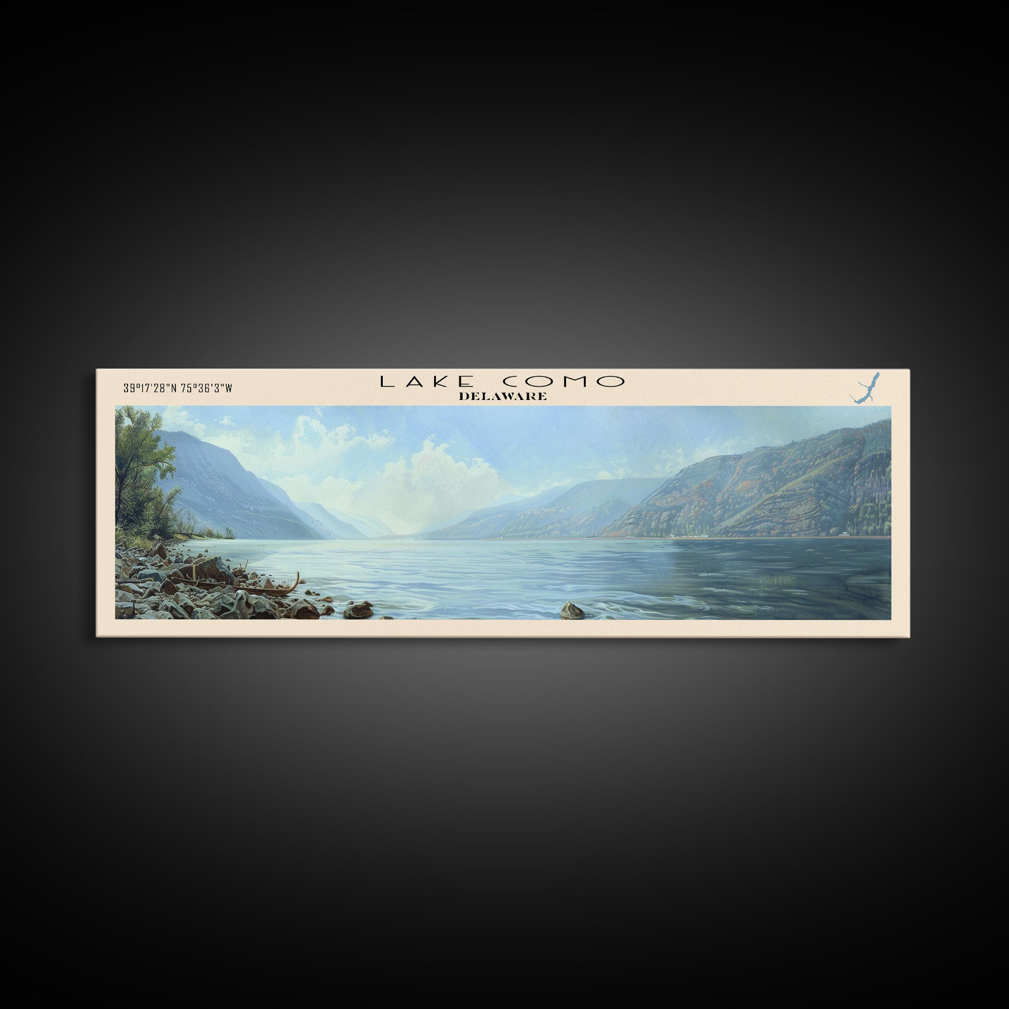 Lake Como Delaware Framed Canvas Print, Lake House Decor, Panoramic Wall Art, Travel Poster, Stunning Lake Painting, Nature Art