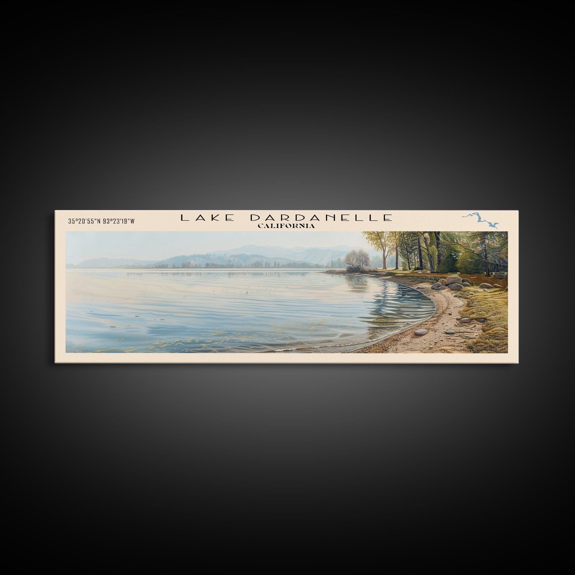 Lake Dardanelle California Framed Canvas Print, Lake House Decor, Panoramic Wall Art, Travel Poster, Scenic Landscape Painting, Nature Art