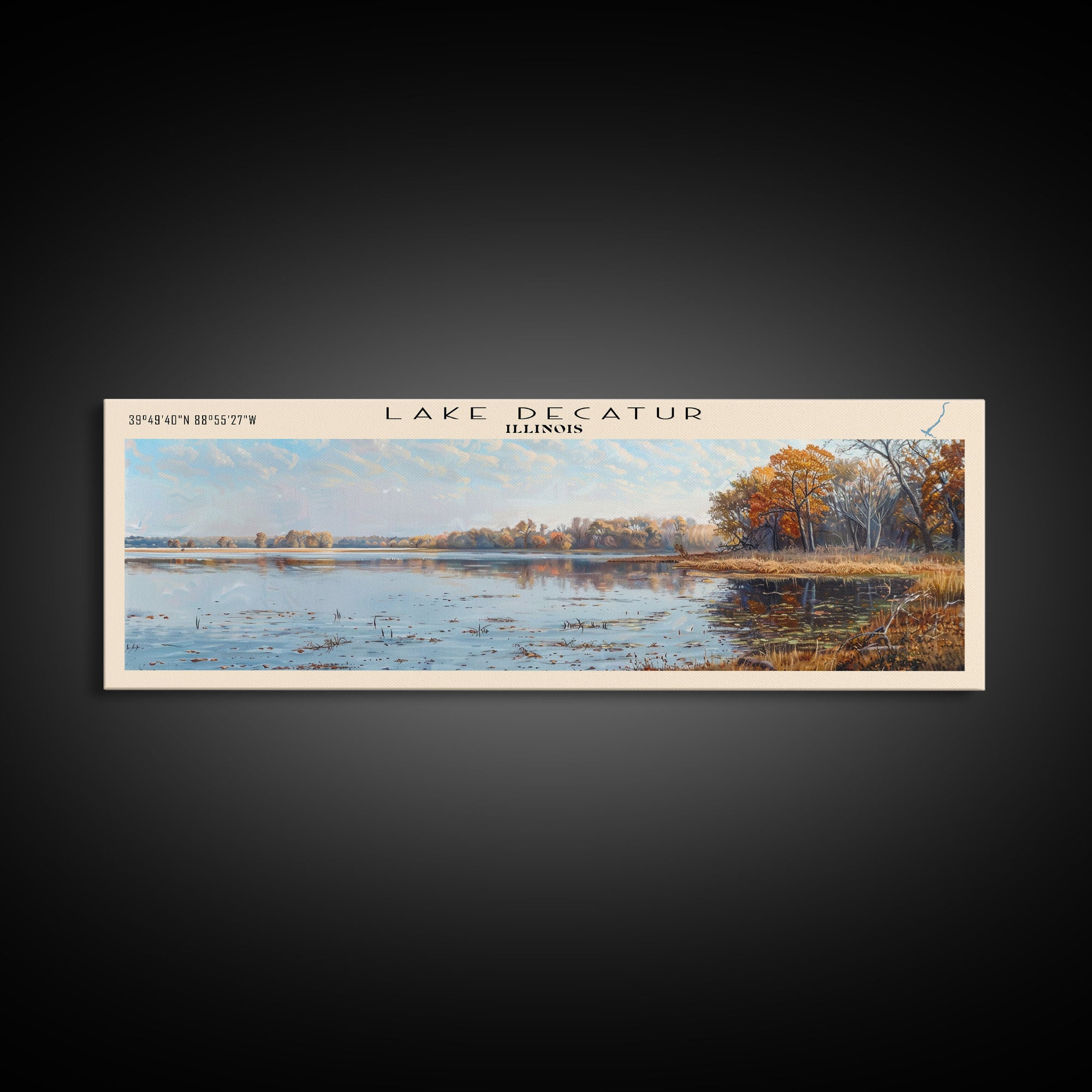 Lake Decatur Illinois Framed Canvas Print, Lake House Decor, Panoramic Wall Art, Travel Poster, Beautiful Lake Painting, Nature Art