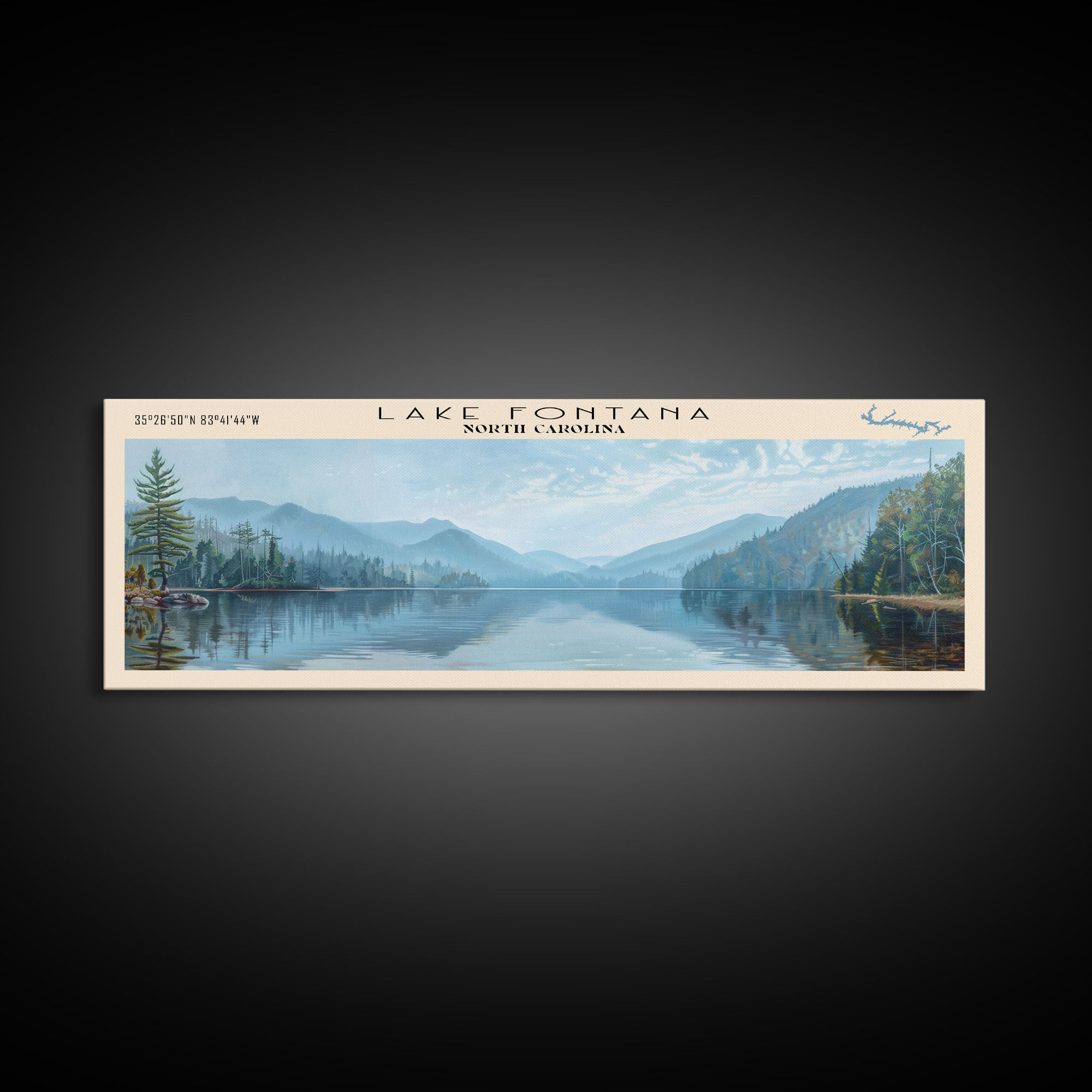 Lake Fontana North Carolina Framed Canvas Print, Lake House Decor, Panoramic Wall Art, Travel Poster, Beautiful Lake Painting, Home Art