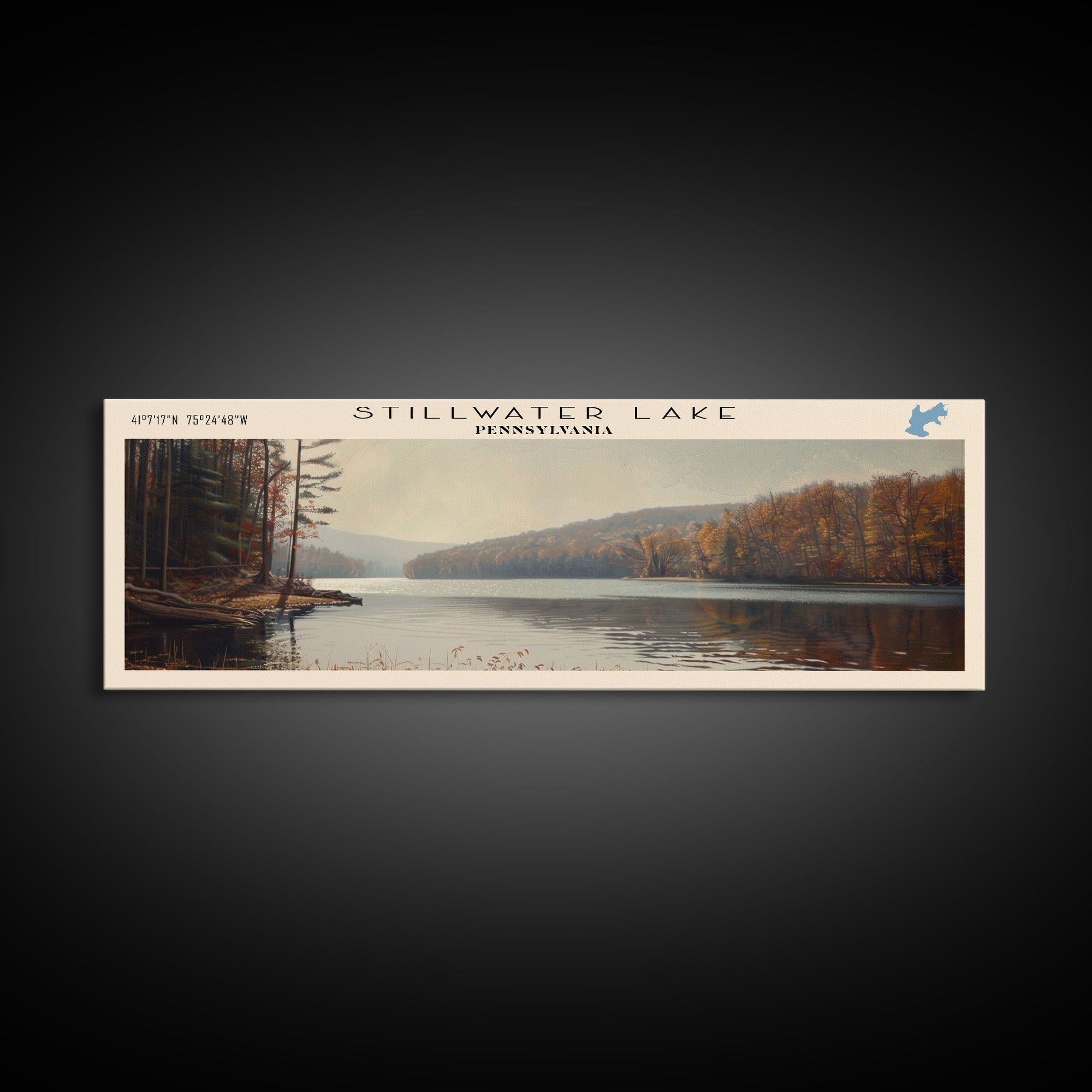 Stillwater Lake Pennsylvania Panoramic Framed Canvas Print, Lake House Decor, Wall Art, Travel Poster, Serene Lake Painting, Living Room Decor