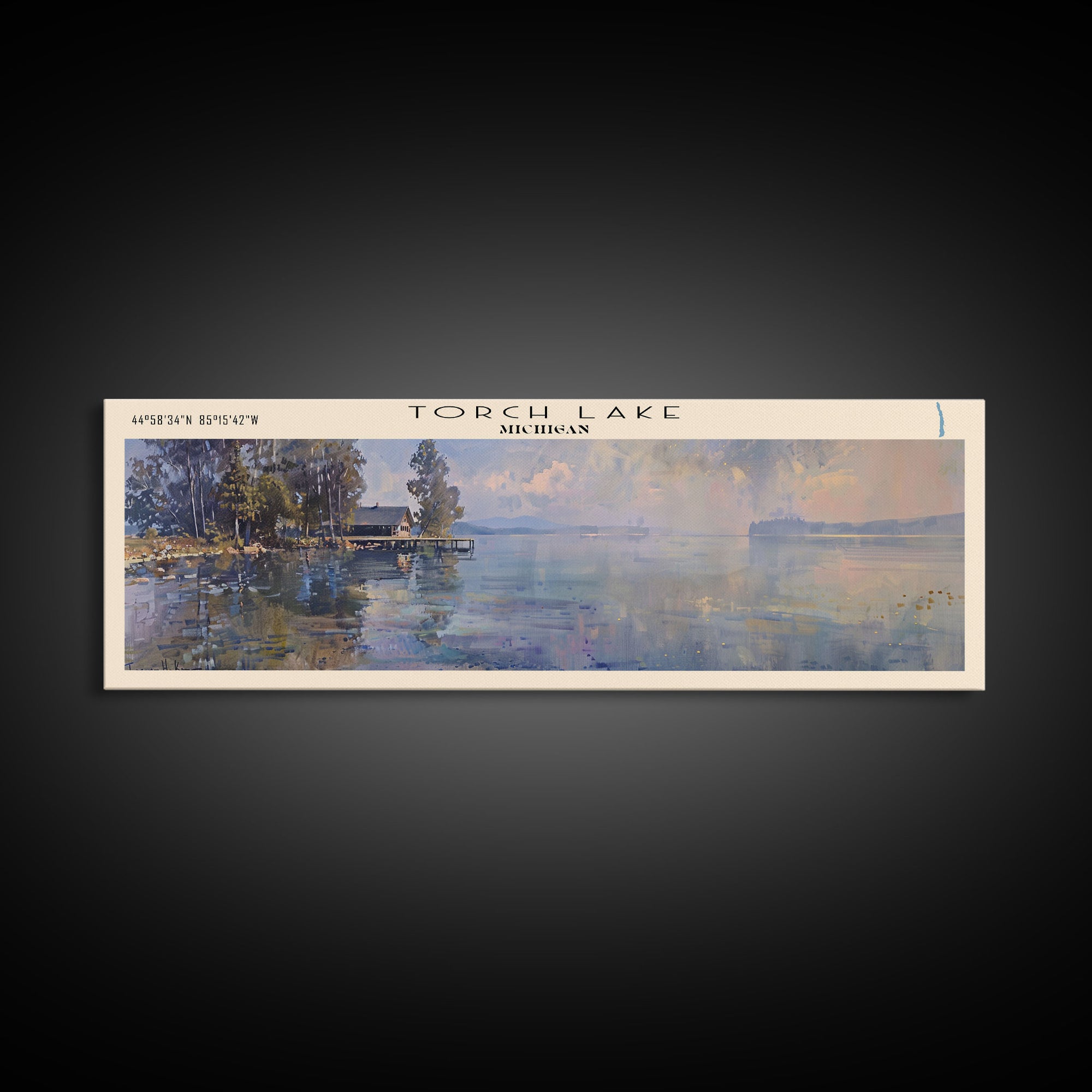 Torch Lake Panoramic Wall Art, Framed Canvas Print, Lake House Decor, Travel Poster, Serene Landscape, Home Decor