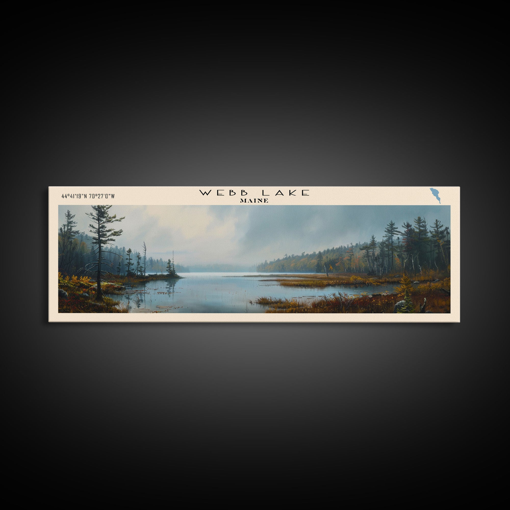 Webb Lake Maine Panoramic Wall Art, Framed Canvas Print, Lake House Decor, Travel Poster, Beautiful Lake Scene, Bedroom Decor