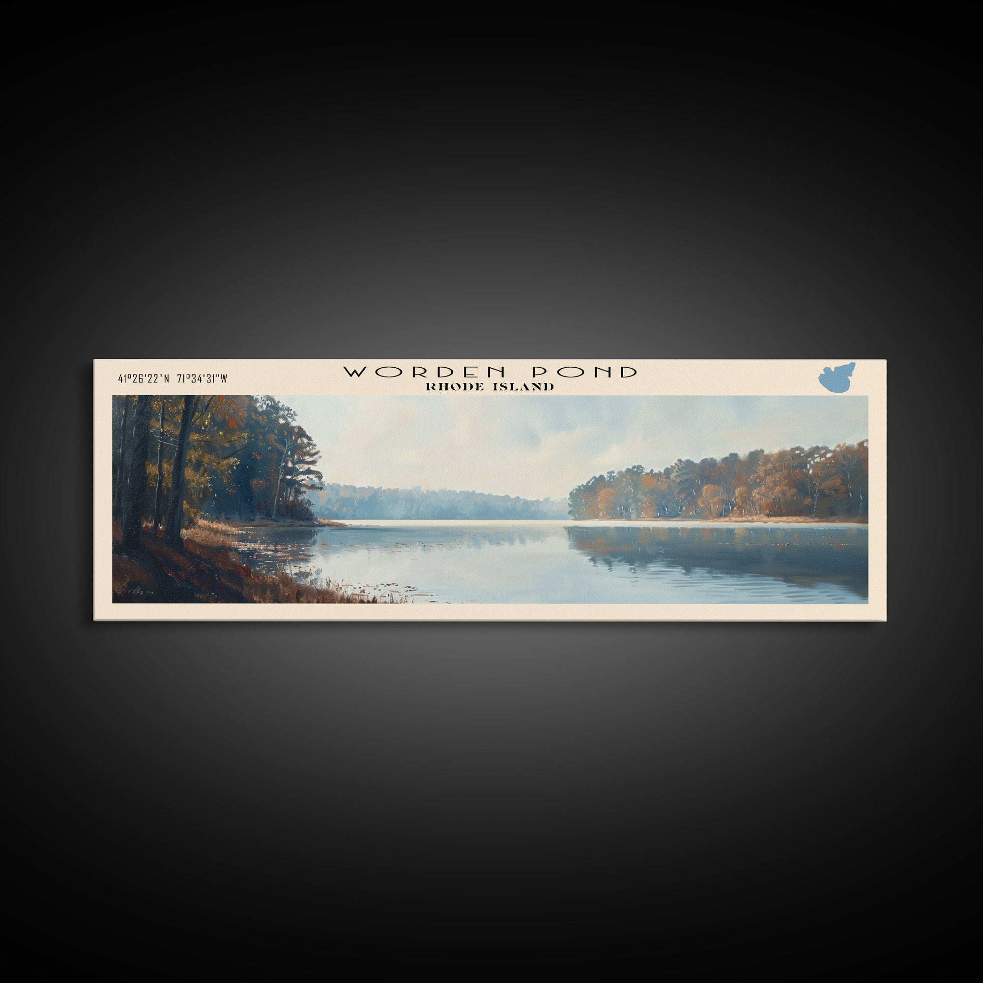 Worden Pond Rhode Island Panoramic Wall Art, Framed Canvas Print, Lake House Decor, Travel Poster, Beautiful Lake Scene, Living Room Decor