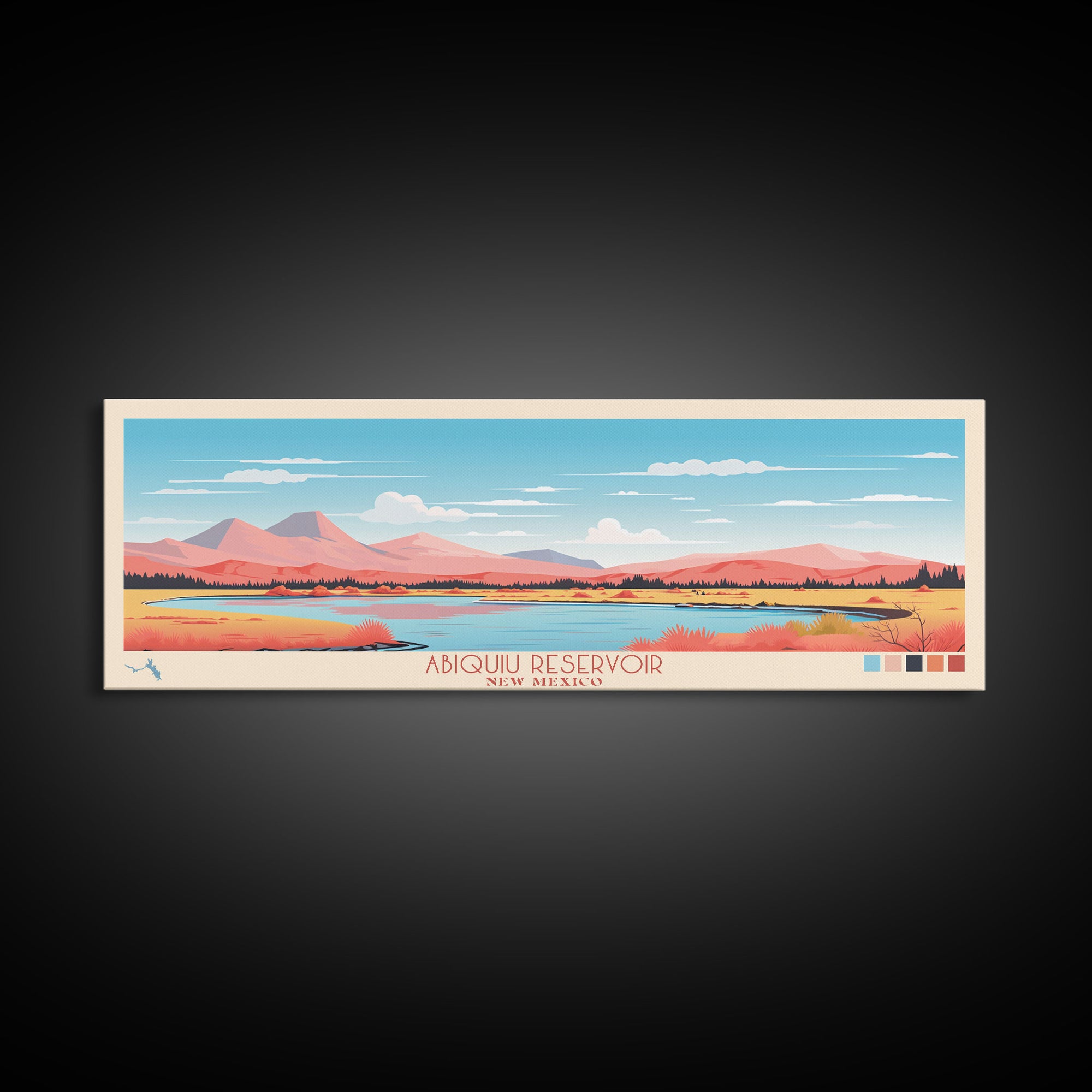 Abiquiu Reservoir New Mexico Framed Canvas Print, Panoramic Wall Art, Midcentury Modern, Pop Art, Travel Poster, Living Room Art