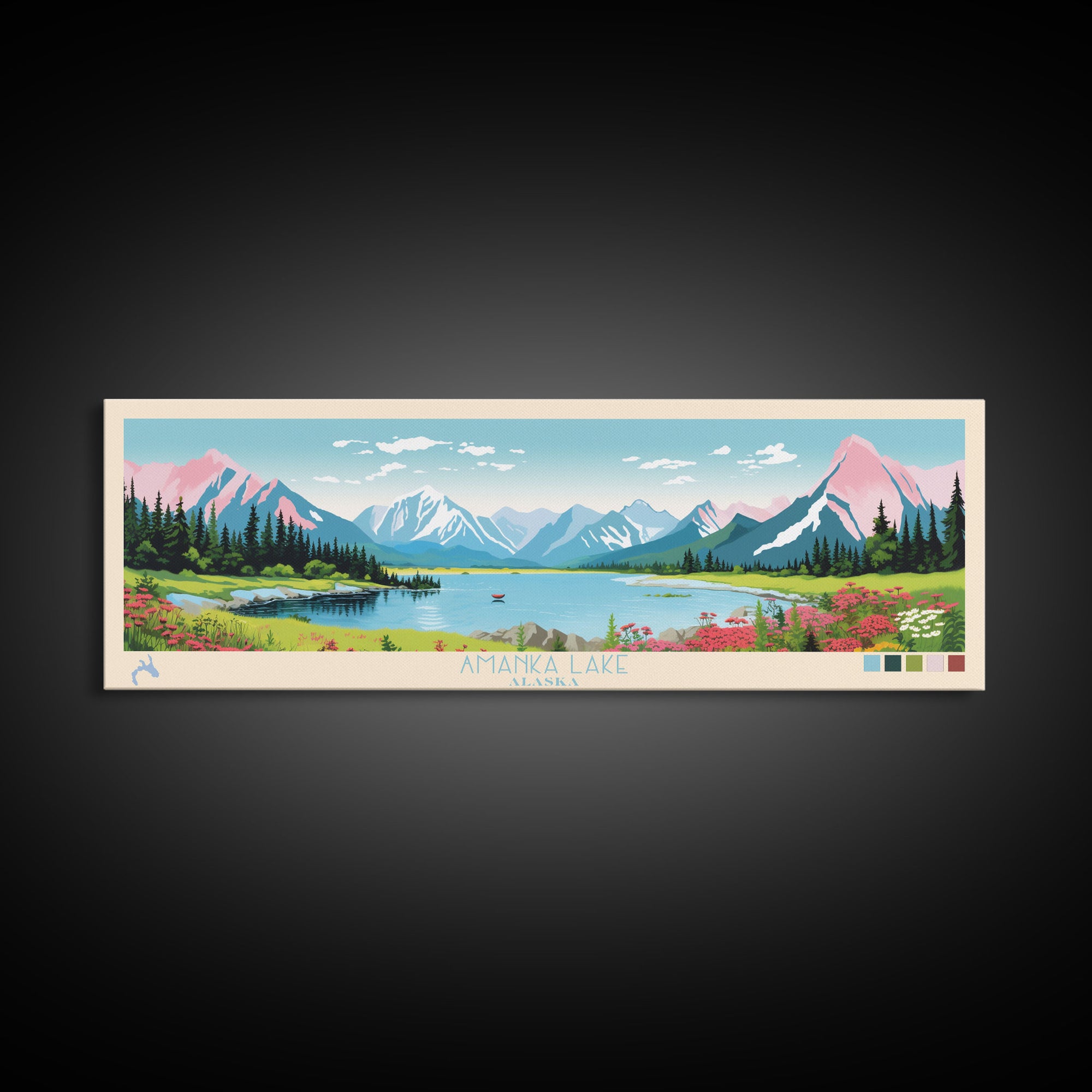 Amanka Lake Alaska Framed Canvas Print, Panoramic Wall Art, Midcentury Modern, Pop Art, Travel Poster, Living Room Art