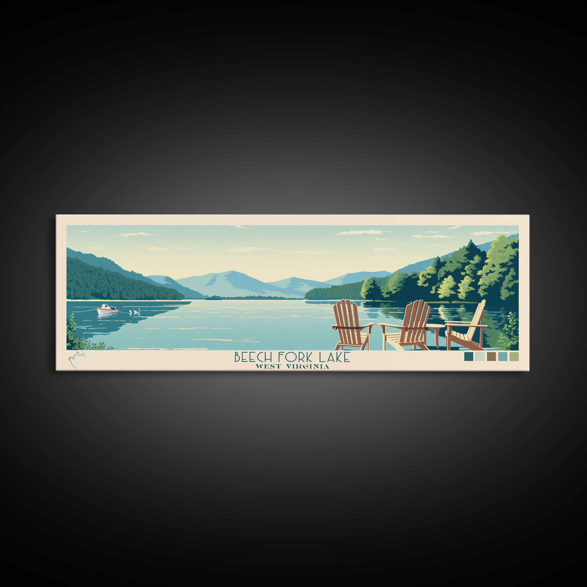 Beech Fork Lake West Virginia Framed Canvas Print, Panoramic Wall Art, Midcentury Modern, Pop Art, Travel Poster, Scenic Lake House Decor, Bedroom Art