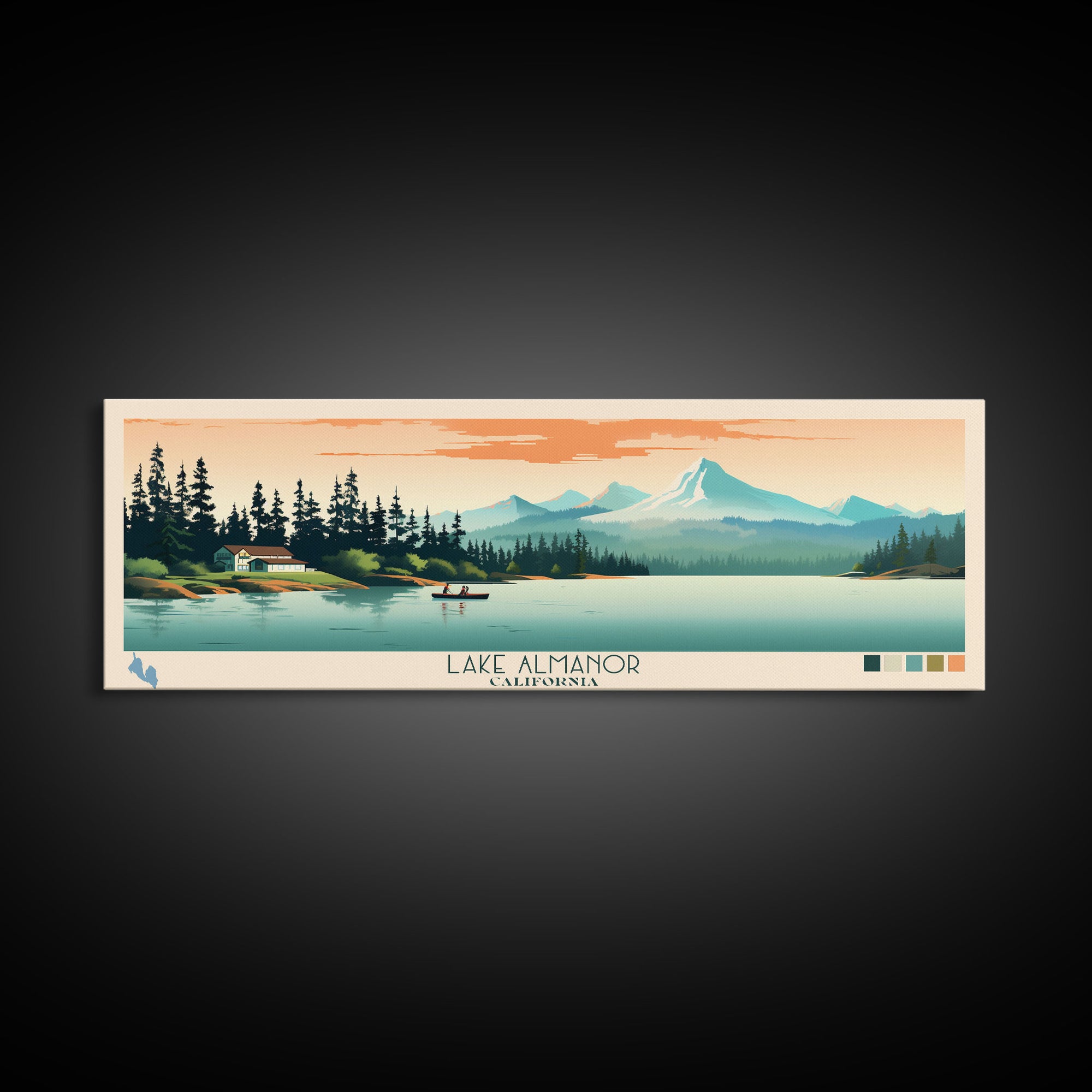 Lake Almanor California Framed Canvas Print, Panoramic Art, Midcentury Modern, Pop Art, Living Room Wall Art, Travel Poster, Lake House Decor