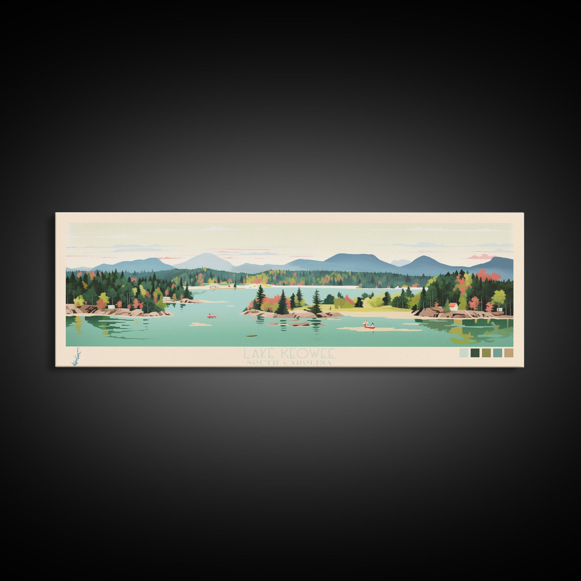 Lake Keowee South Carolina Framed Canvas Print, Panoramic Wall Art, Midcentury Modern, Pop Art, Living Room Decor, Travel Poster, Bedroom Art