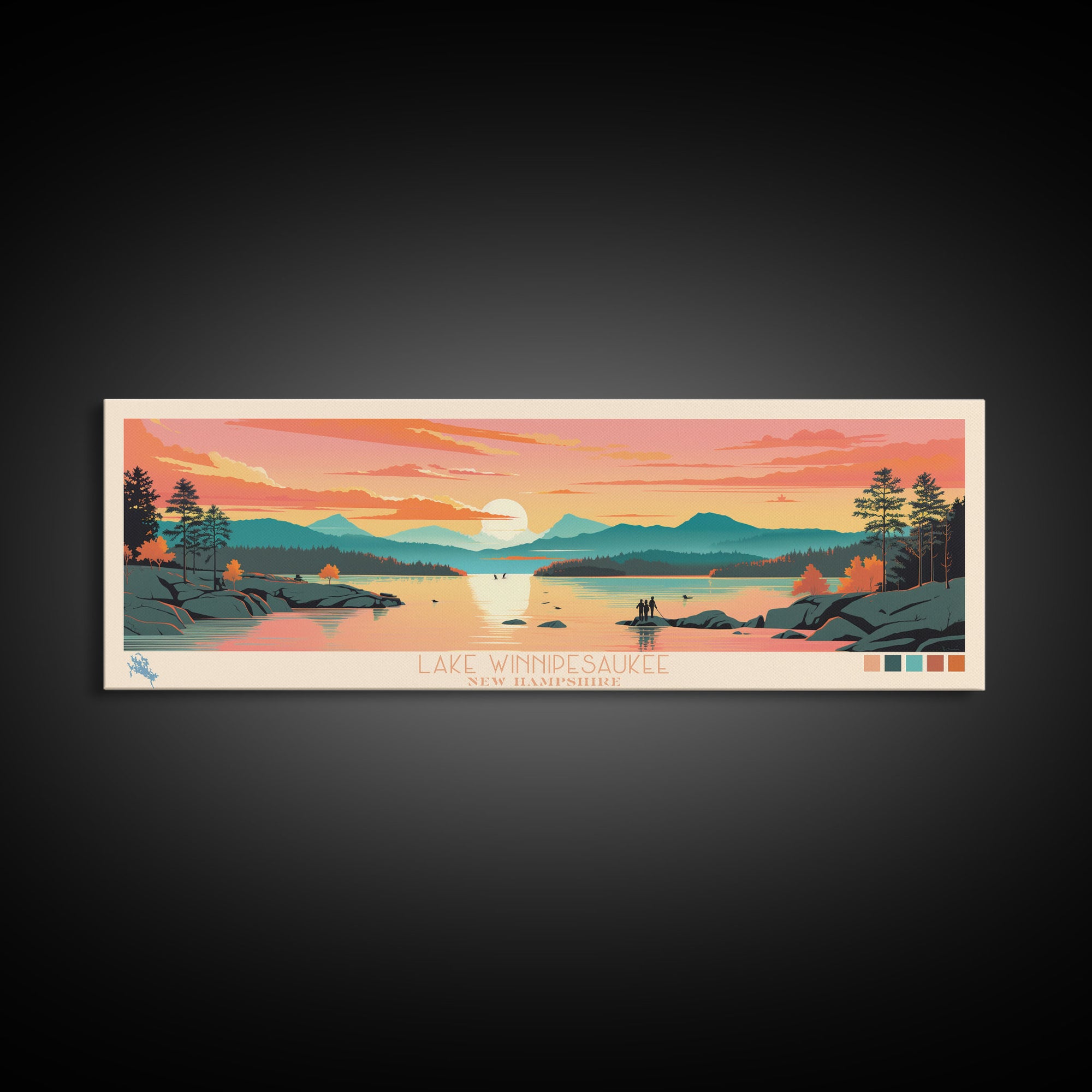 Lake Winnipesaukee, New Hampshire Panoramic Wall Art Framed Canvas Print, Midcentury Modern, Pop Art, Home Decor, Travel Poster, Living Room Art