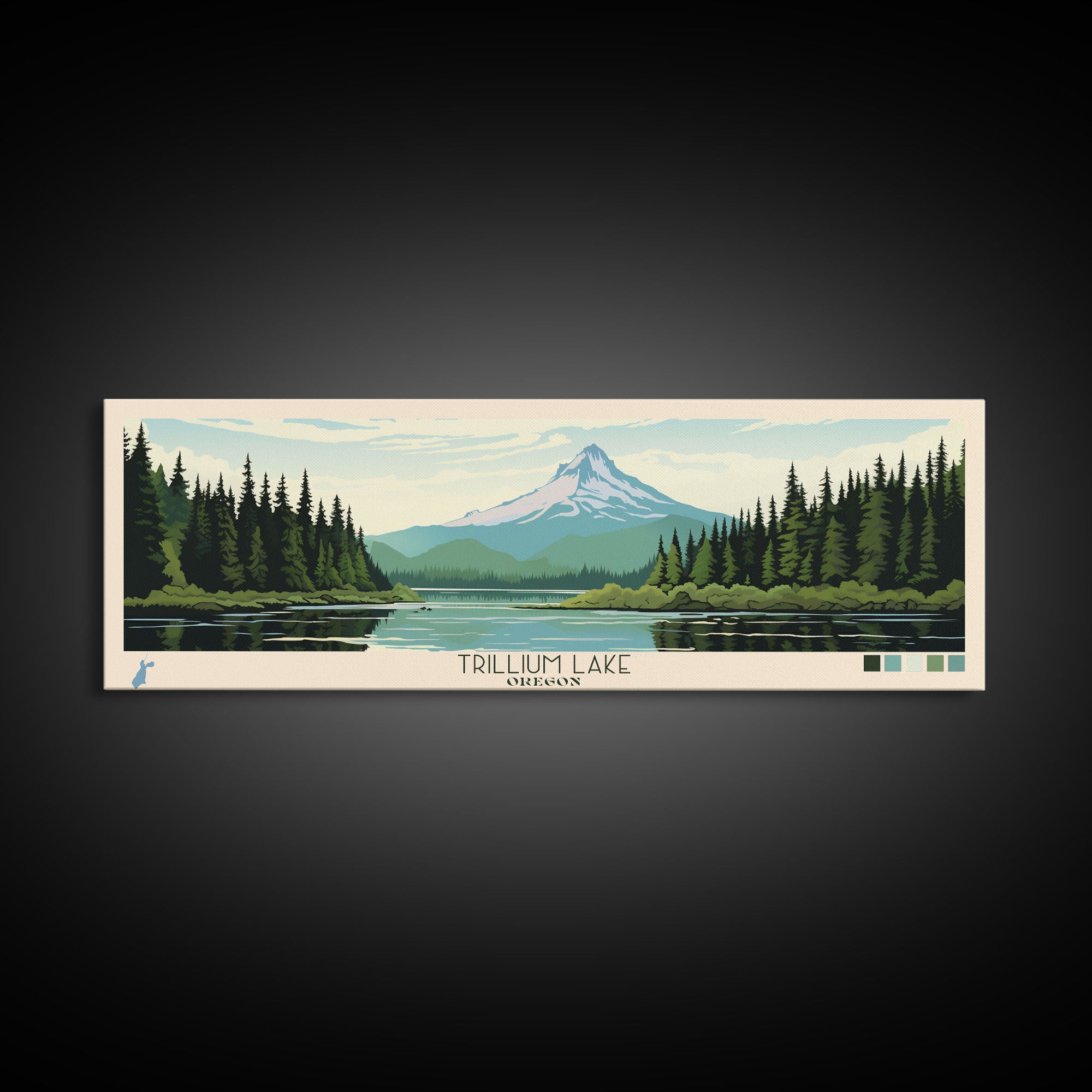 Trillium Lake, Oregon Framed Canvas Print, Lake House Art, Midcentury Modern Decor, Pop Art, Travel Poster, Bedroom Wall Art