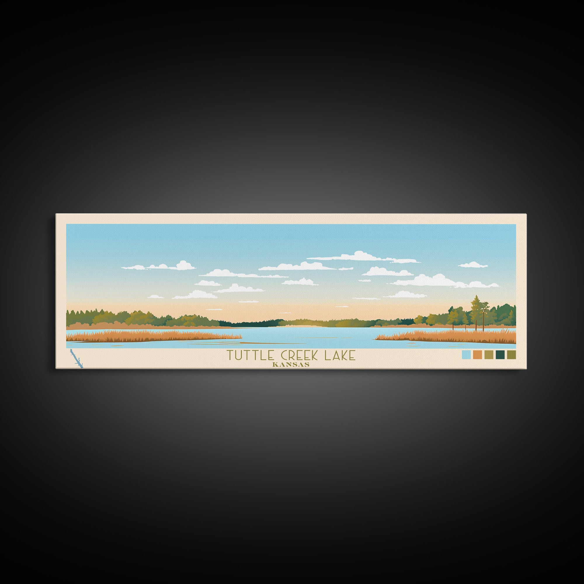 Tuttle Creek Lake, Kansas Framed Canvas Print, Lake House Decor, Midcentury Modern Art, Pop Art, Travel Poster, Living Room Wall Art