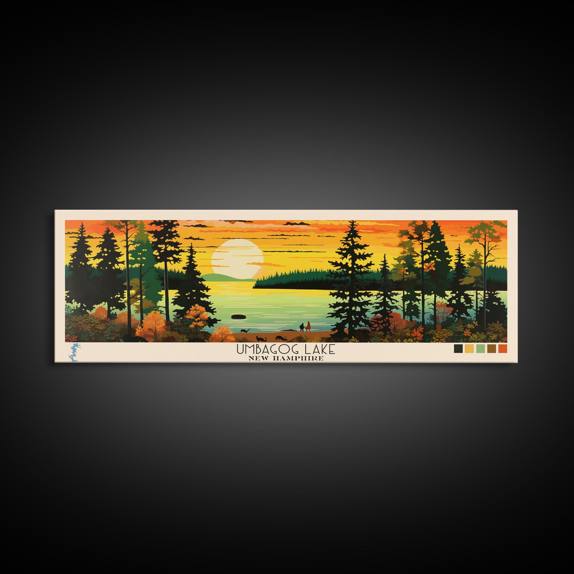 Umbagog Lake, New Hampshire Framed Canvas Print, Panoramic Lake House Art, Midcentury Modern Decor, Pop Art, Travel Poster, Living Room Wall Art