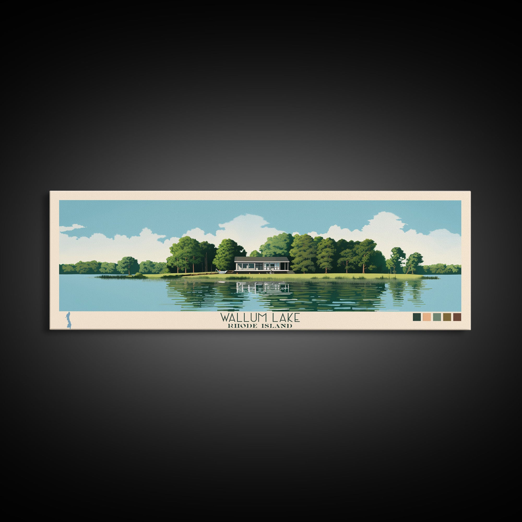 Wallum Lake, Rhode Island Framed Canvas Print, Panoramic Lake House Decor, Midcentury Modern Art, Pop Art, Travel Poster, Bedroom Wall Art