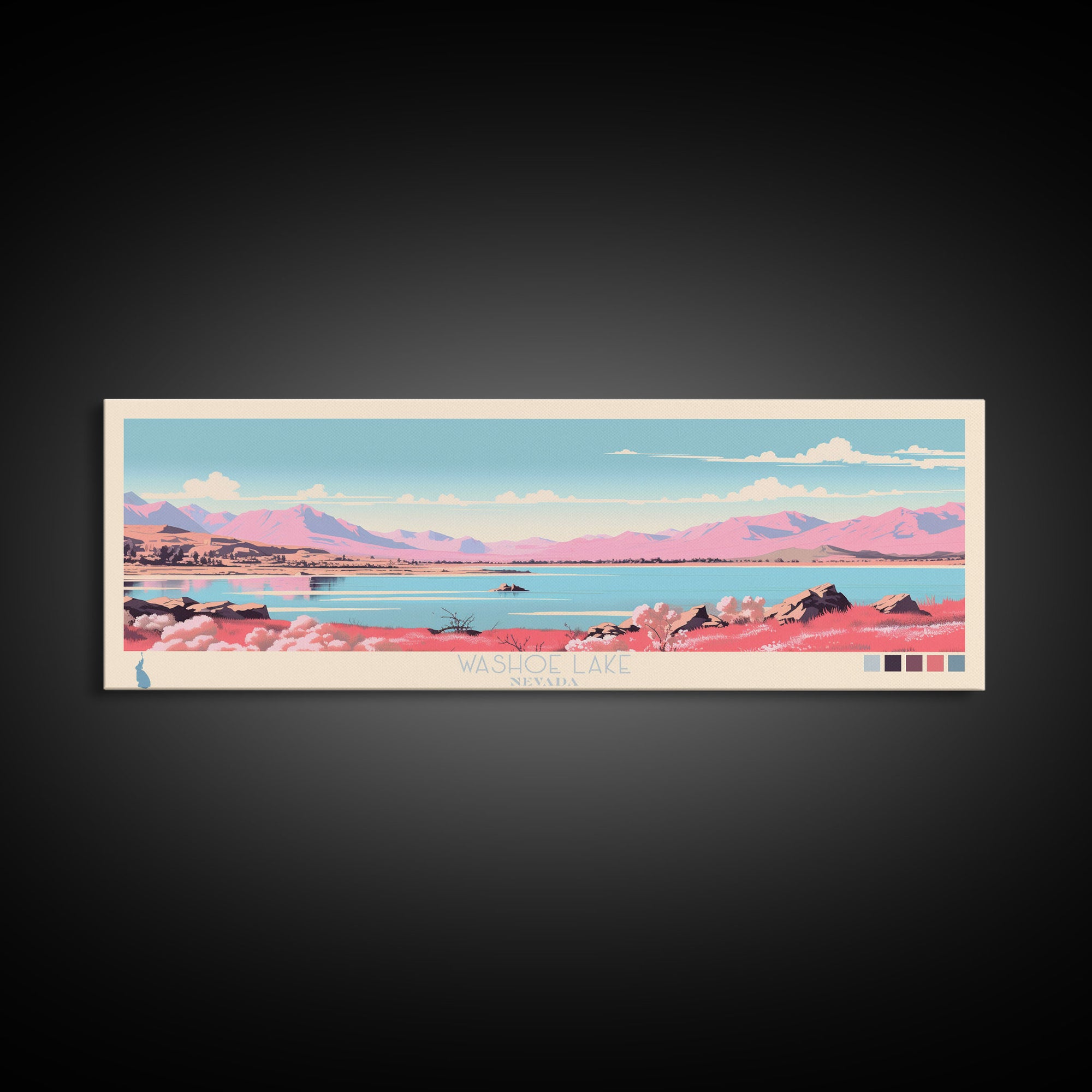 Washoe Lake, Nevada Framed Canvas Print, Panoramic Lake House Decor, Midcentury Modern Art, Pop Art, Travel Poster, Bedroom Wall Art