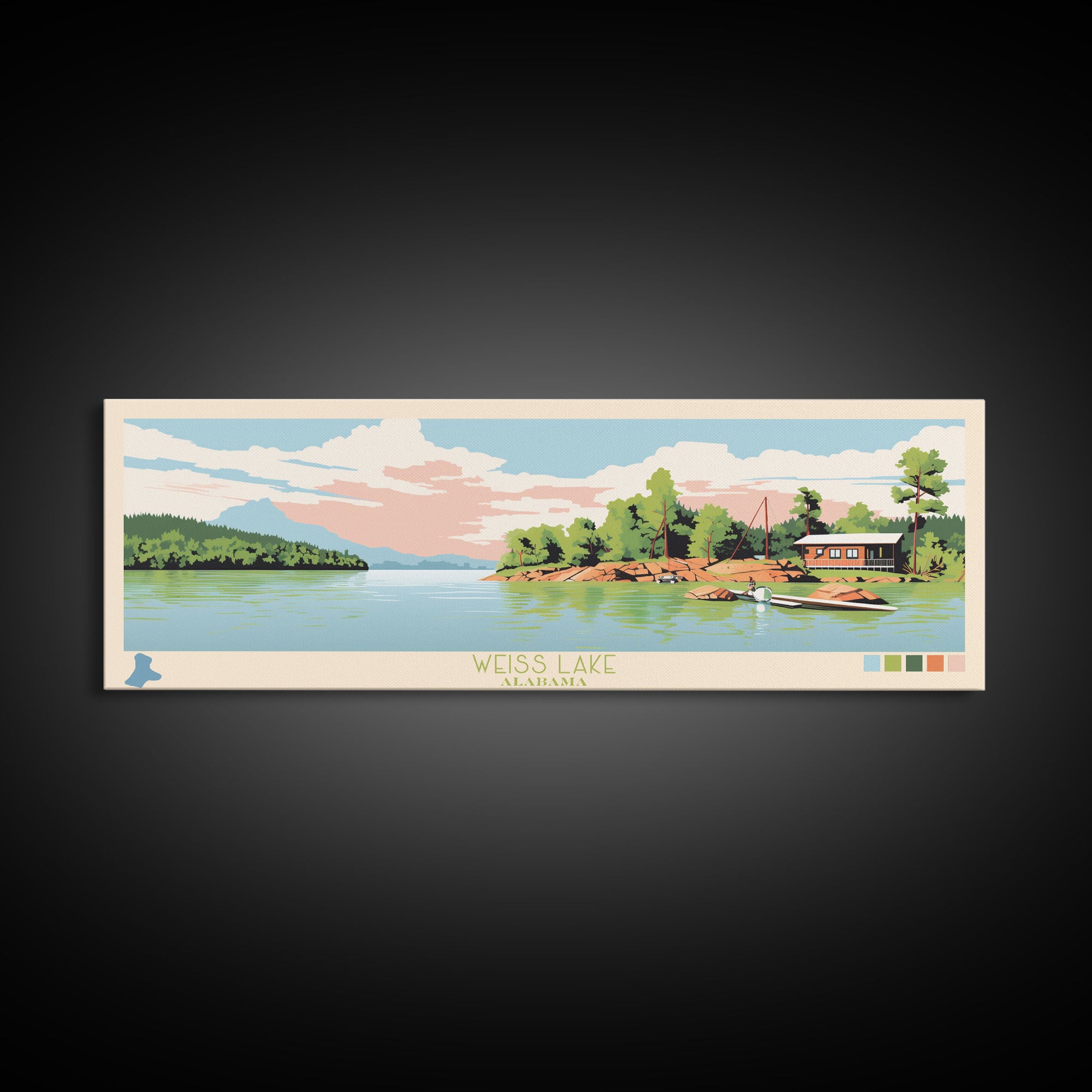 Weiss Lake, Alabama Framed Canvas Print, Lake House Decor, Panoramic Art, Midcentury Modern, Pop Art, Travel Poster, Living Room Wall Art