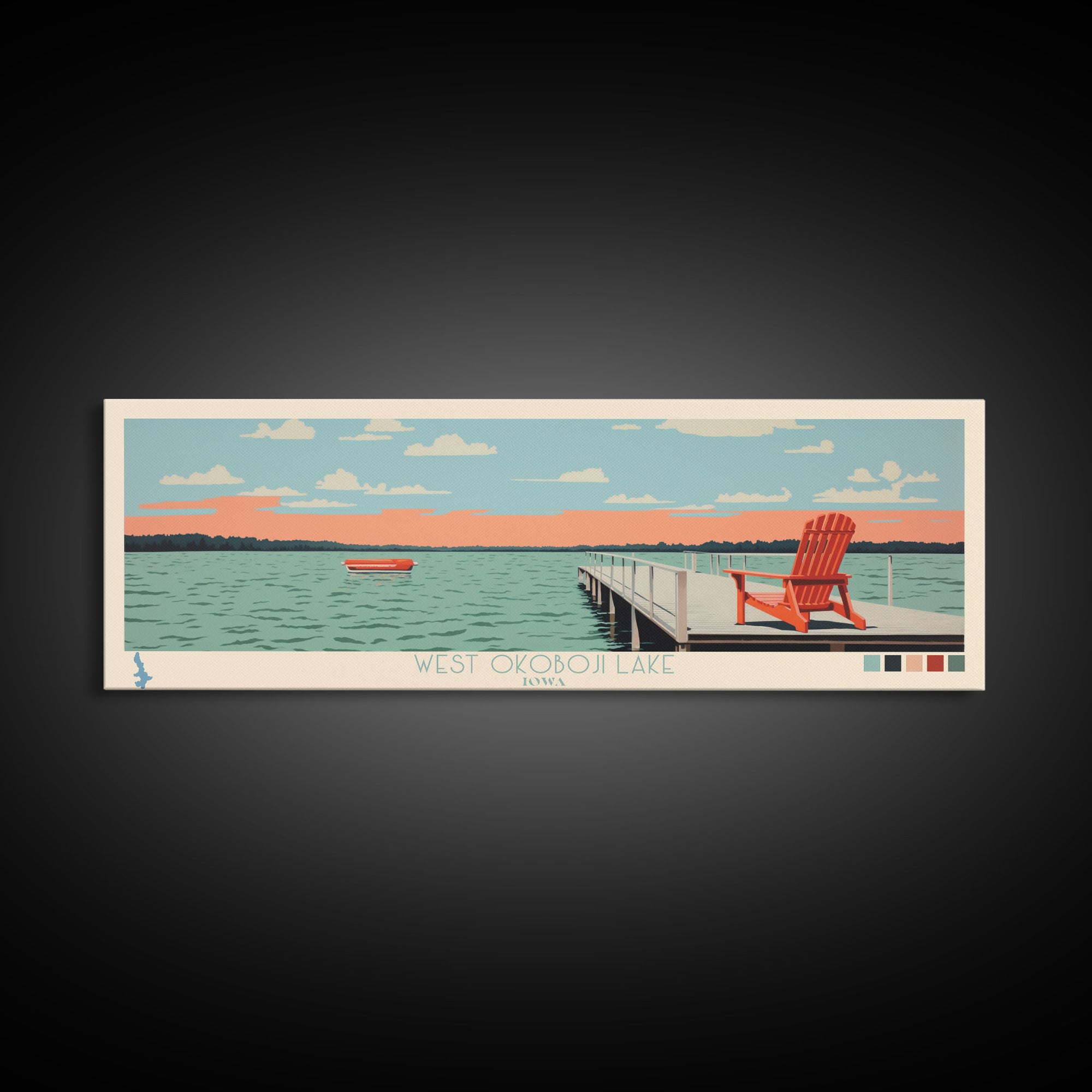 West Okoboji Lake, Iowa Panoramic Framed Canvas Print, Lake House Art, Midcentury Modern Decor, Pop Art, Travel Poster, Bedroom Wall Art