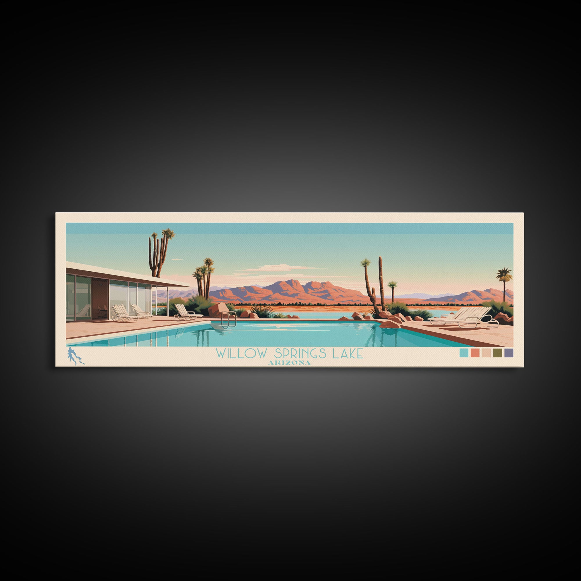 Willow Springs Lake, Arizona Panoramic Framed Canvas Print, Lake House Art, Midcentury Modern Decor, Pop Art, Travel Poster, Bedroom Wall Art